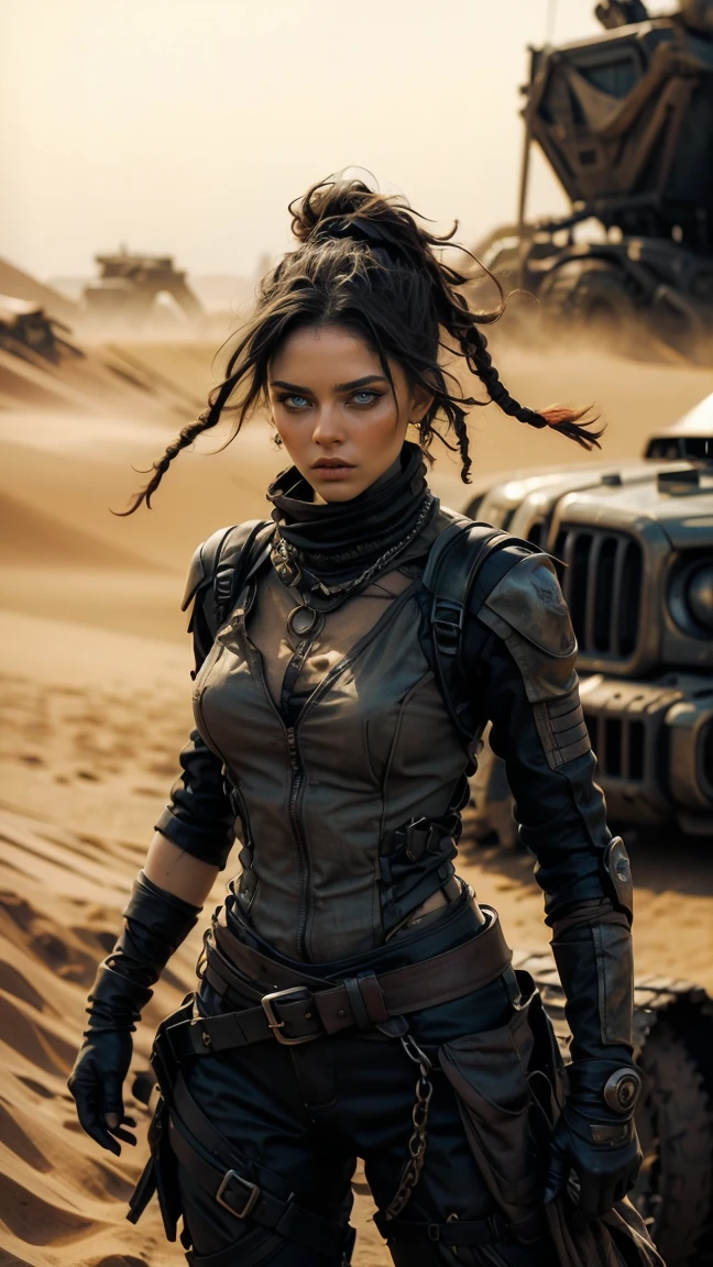 A hyperrealistic image at a high angle of: ((Una sexy mujer de piel palida, con rastas y ojos verdes, wears sexy, post-apocalyptic clothes in the style of Mad Max, desgarrada y con gran escote, armadura de chatarra de metal negro, wear dreadlocks with black and metallic thorn beads)), (Cabello largo color rojo despeinado, sucio), con maquillaje gotico, sombra de ojos amplio negro corrido, parada en el desierto sobre las dunas, orgullosa, soberbia, poderosa, athletic and scarred body, pelo color rojo despeinado con rastas y cuentas de metal negro y espinas. she is standing next to her battle car like Furiosa from the Mad Max saga, auto robusto oxidado y sucio lleno de picos y armas, desolate desert landscape. She is standing walking through the dunes of the post-apocalyptic desert, raytraced, viento, paisaje desolador y desertico, (aesthetics and atmosphere:1.2), poder, enojada, vengativa, ojos brillantes rojos como llamas，plano amplio, cuerpo completo. (foto cruda, mejor calidad), (realista, photo-realista:1.3), Obra maestra, un extremadamente perfecto y hermoso cuerpo tatuado totalmente, cuerpo palido extremadamente detallado, Best quality score, ultra dynamic pose, close up, high view, desertic and dark atmosphere, pose de odio, fist clenched in anger,  dunas decerticas, fist clenched in anger, alambre de puas.