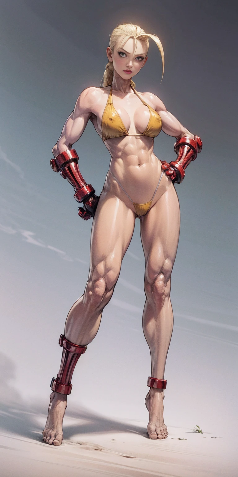 ((plain background)) Cammy White Street Fighter 7th full body 1sologirl barefoot feet together, hands on hips red gloves gauntlets, 1piece yellow bikini slingshot