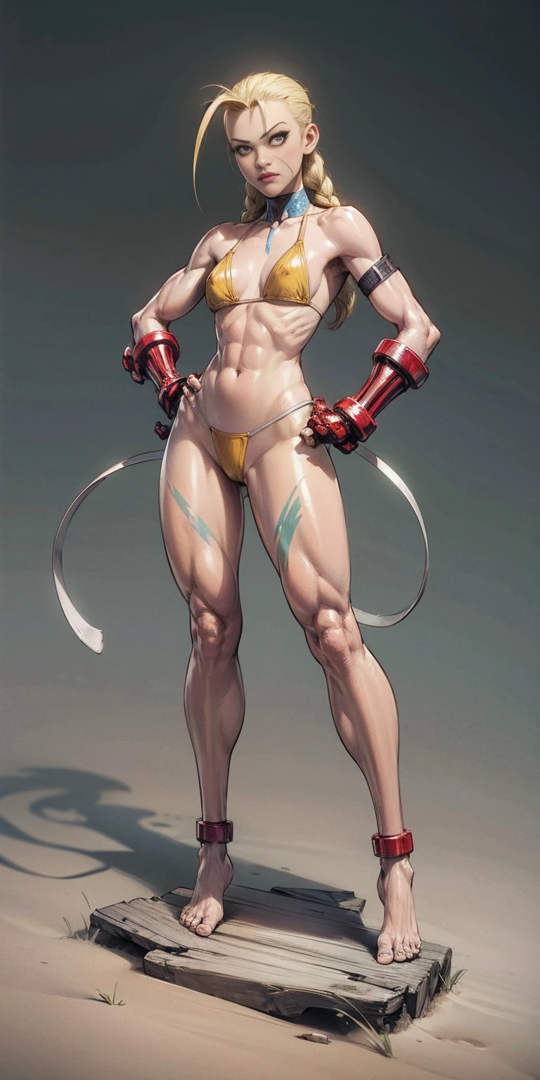 ((plain background)) Cammy White Street Fighter 7th full body 1sologirl barefoot feet together, hands on hips red gloves gauntlets, 1piece yellow bikini slingshot