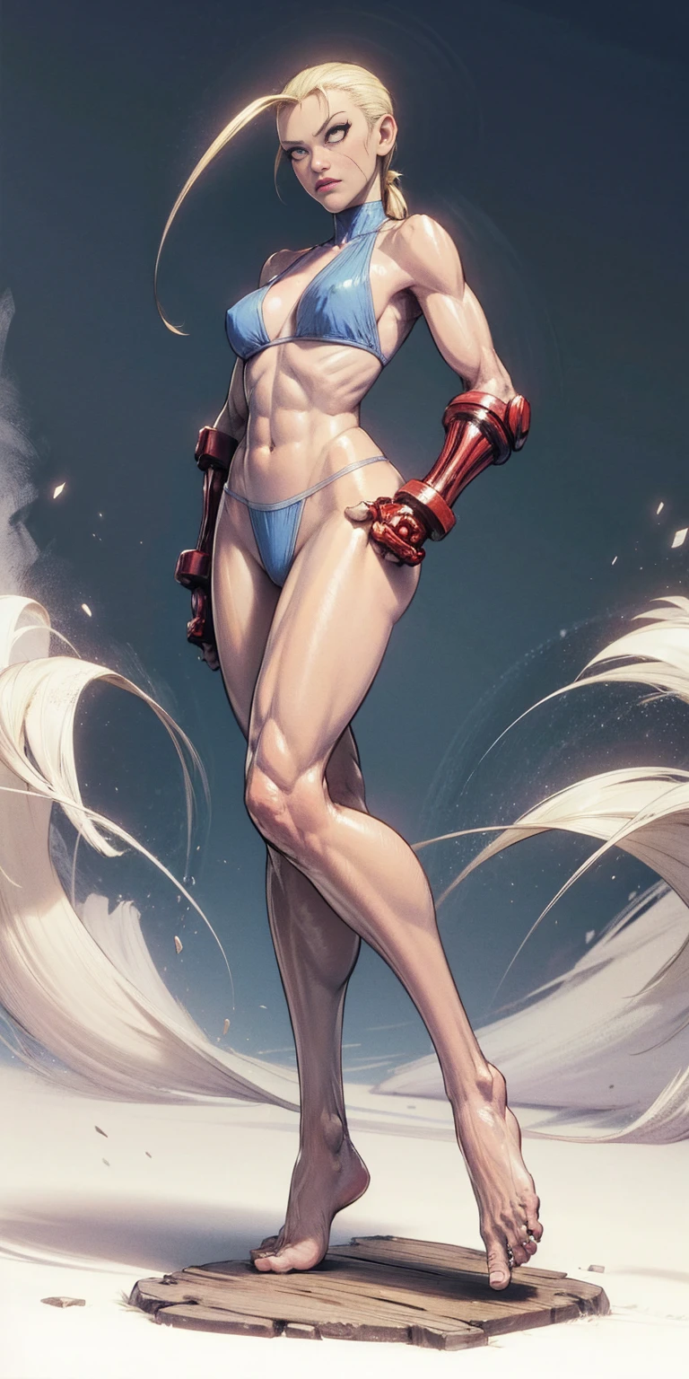 ((plain background)) Cammy White Street Fighter 7th full body 1sologirl barefoot feet together, hands on hips red gloves gauntlets, 1piece yellow bikini slingshot