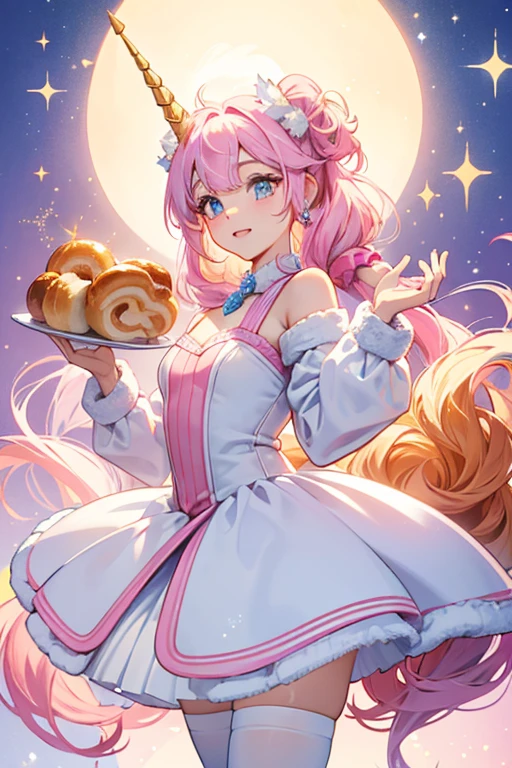 she is a unicorn with light blue or white fur, a pink mane, a white tail, orange hooves, and little cinnamon bun-shaped ears. SPARKLE; GLITTER