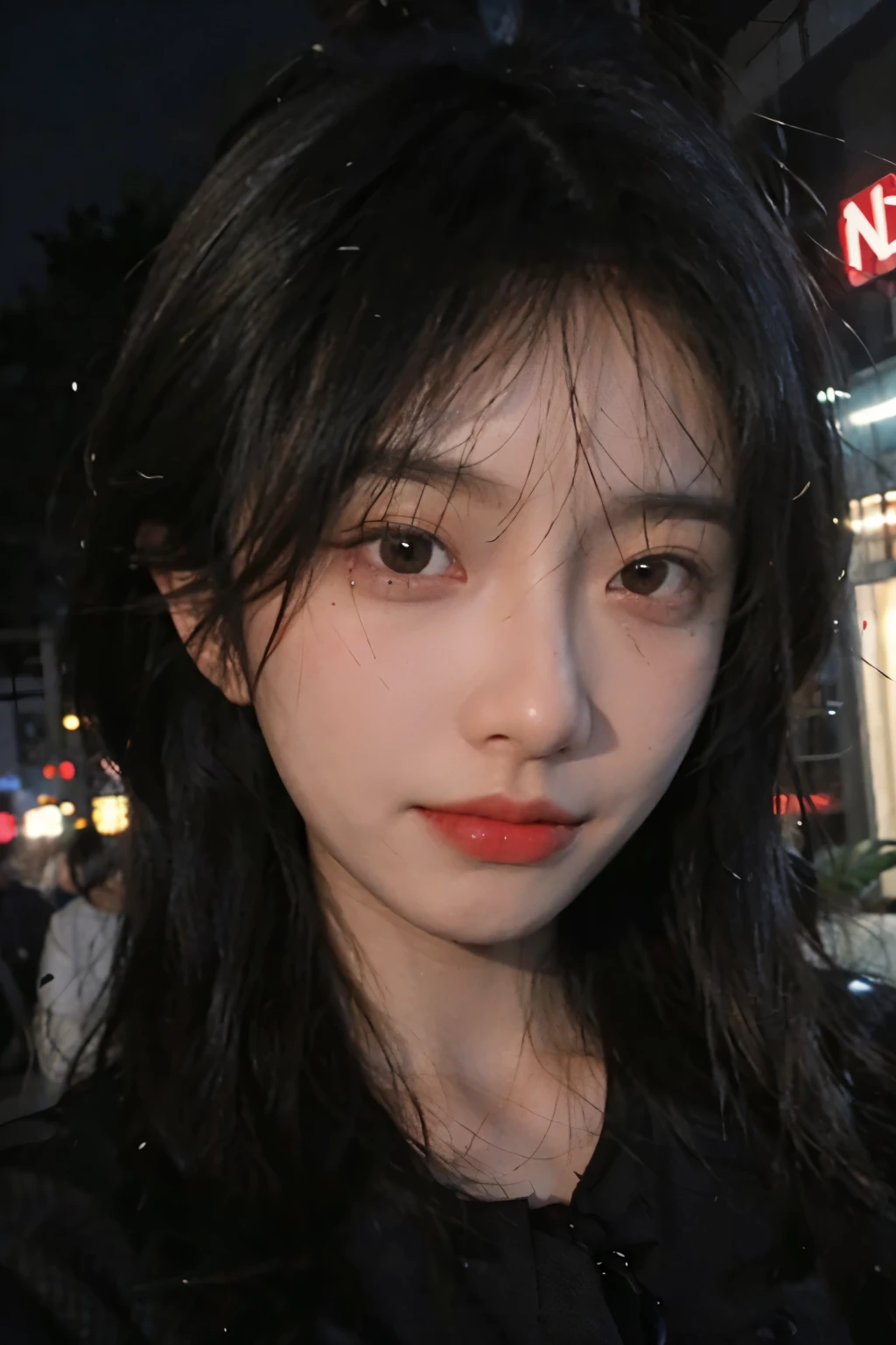Best quality, masterpiece,..night,.city,..1girl,.(Authentic skin texture:1.3),.close-up,.face focus,.upper body,.selfie,..