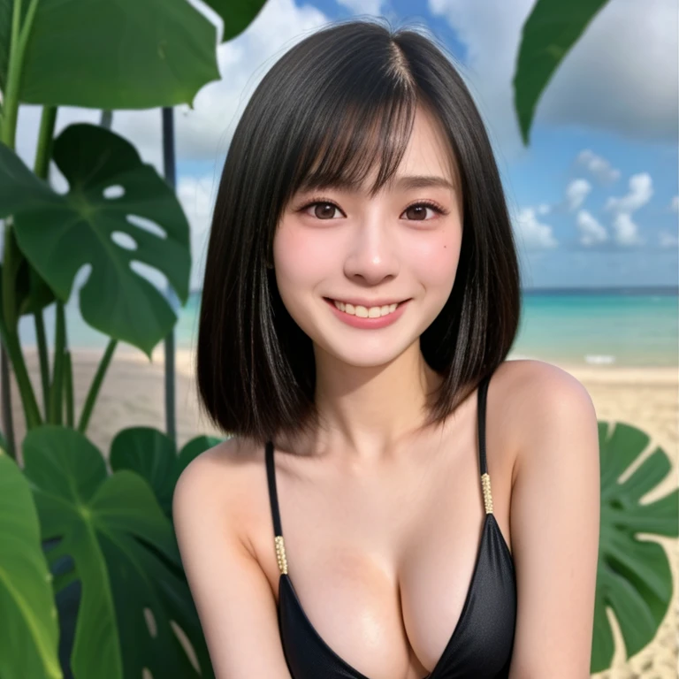 (kawaii 24 year-old Japanese girl, Nogizaka idol, Korean idol), healthy female athlete body, glossy black hair, (very short hair, bangs:1.2), beautiful black eyes, rounded face, single eyelid, (no makeup:1.2), (big laughing), (bikini swimsuit:1.3), extra small breasts, BREAK, (tropical atmosphere, beachside, summer daylight:1.2), (dynamic angle, bust shot:1.2), BREAK, (masterpiece, best quality, photo realistic, official art:1.4), (UHD, 8K quality wallpaper, high resolution, raw photo, golden ratio:1.3), (shiny skin), professional lighting, physically based rendering, award winning, (highly detailed skin texture, extremely detailed face and eyes textures), Carl Zeiss 85 mm F/1.4, depth of field, (1girl, solo),