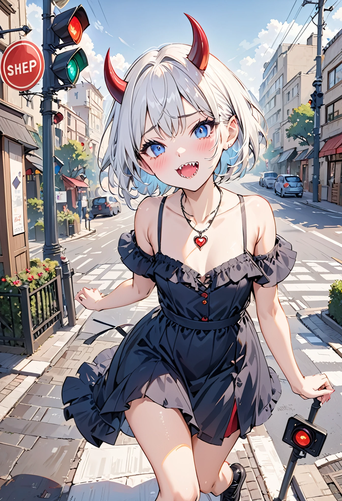 masterpiece, best quality, 1 Girl,small,Small Breasts,short hair,white hair,Sharp Teeth,Fangs,Necklace,blue eyes,Heart-shaped pupil,devil horns,blush,(outdoor,pavement,traffic light,Road signs),looking at the audience