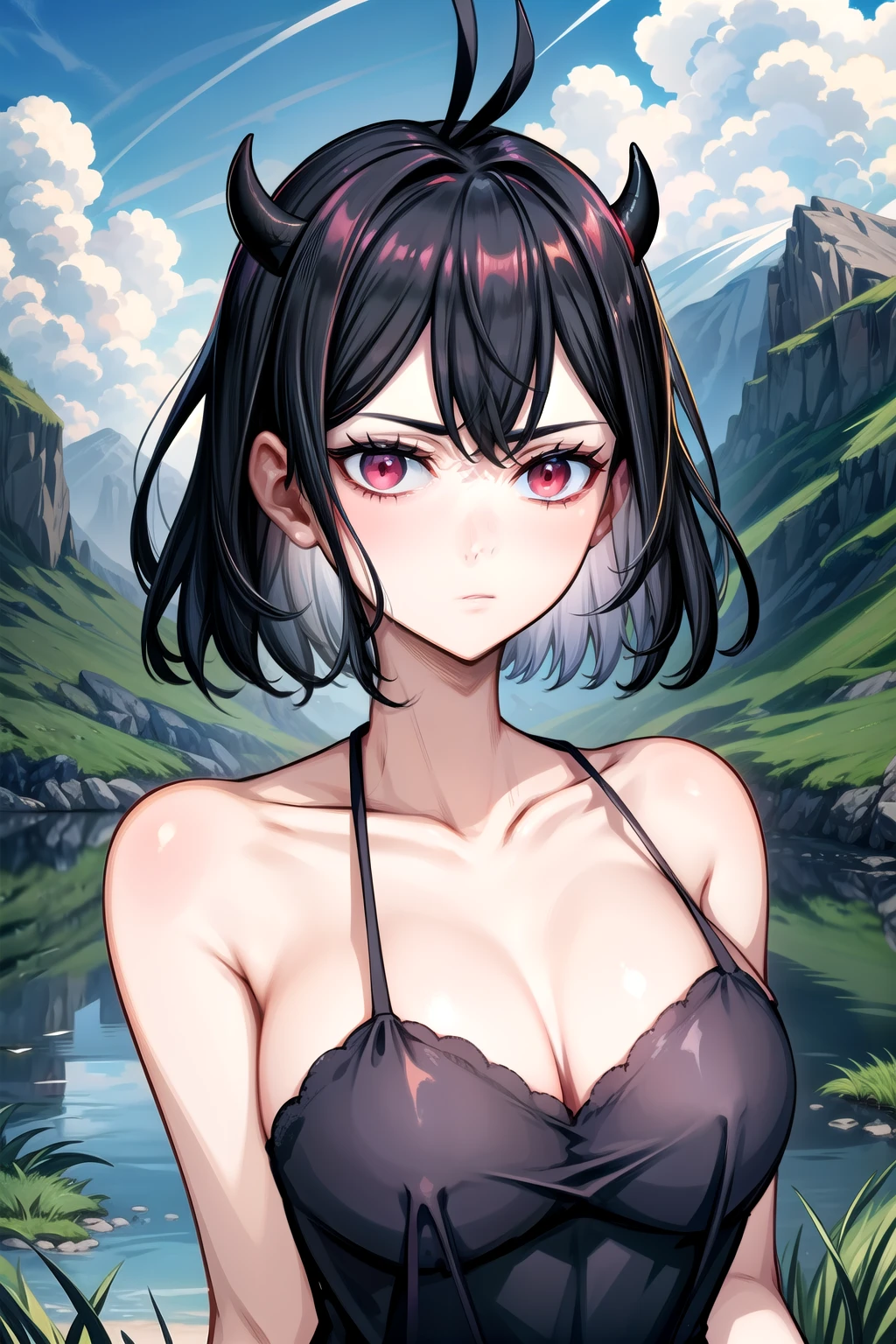 (RAW photo, best quality), masterpiece, an extremely delicate and beautiful, extremely detailed, 2k wallpaper, Amazing, finely detail, extremely detailed CG unity 8k wallpaper, ultra-detailed, highres, soft light, beautiful detailed girl, cinematic lightning, perfect anatomy, secre swallowtail, 1girl, white background, solo, looking at viewer, dress, black dress, sleeveless, closed mouth, collarbone, expressionless, demon horns, strong wind, mountain top, grass, tall grass, trees, lake, hands behind back, hdr, bloom, hig resolution, cinematic lighting, light shafts, detailed eyes, detailed face