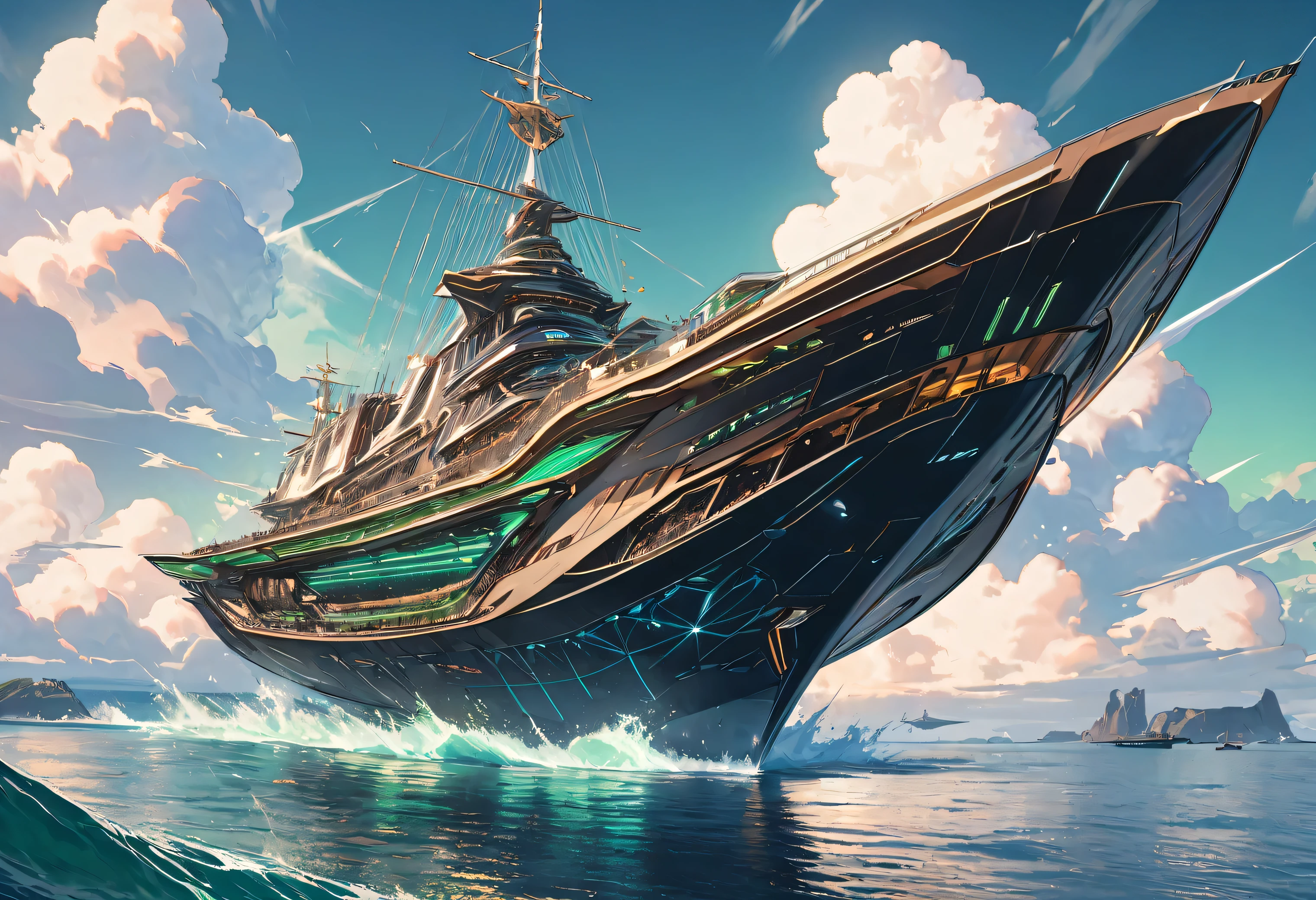 一艘来自未来的高科技wonderful的、Very complex floating ship,On the dark, heaving waters of an unknown ocean, (Float on the water):1.405, A high-tech、wonderful、Exquisite boat, Sailing at sea, The surrounding scenery is wonderful and beautiful, White Cloud, (Green sun):1.3, high quality, high resolution, masterpiece, masterpiece, Clear, 32k, Cartoon Style, Pixar