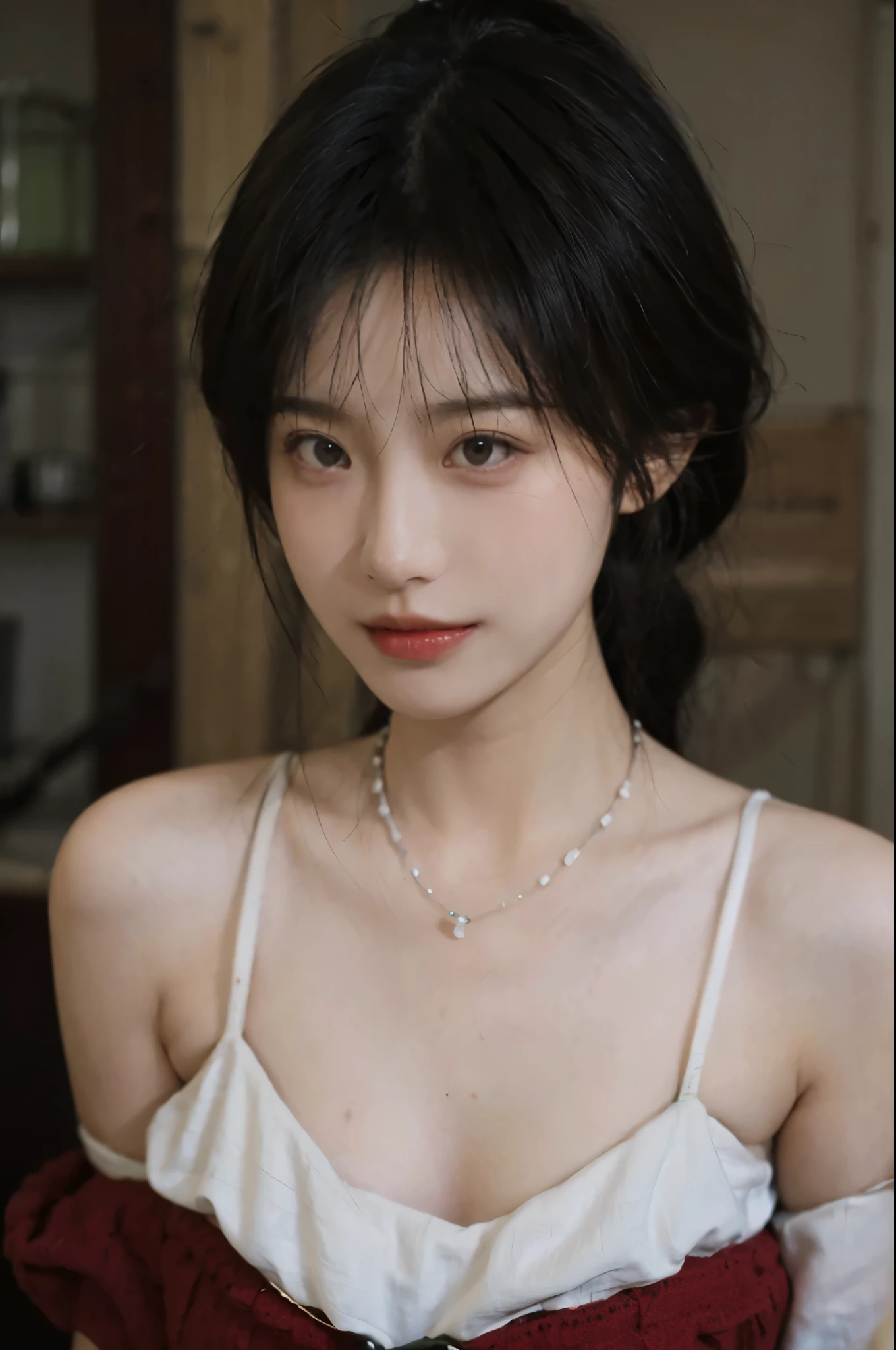 Film portrait photography, 2 girls, Bare shoulders,Lipstick,(flat chest:1.4), Wear a necklace,Cute expression,Exquisite makeup,Red suspenders,serene, calm, (Realistic and detailed eyes, Natural skin texture, Realistic facial details), Big breasts:1.6,Big Breasts,Soft dramatic lighting, Depth of Field, Bokeh, Vibrant details, Detailed and detailed, Surreal, 35mm film, hazy, ,