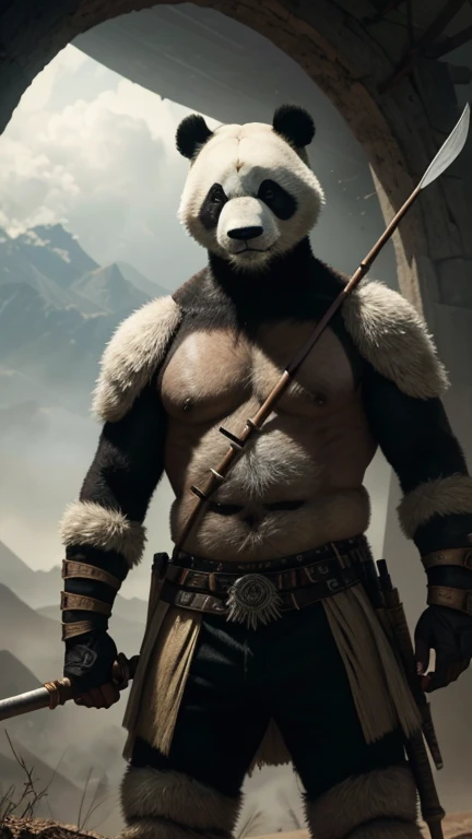 Panda vestindo armadura ((um arqueiro)) standing, In an apocalyptic scenario, segurando um arco, Hunter,urso panda maligno, olhos vermelhos, (horrible atmosphere) terror, poeira levemente flutuando, smoke vapor behind the main character, cara de mal, macabro ((arco) arco e flechas somente um personagem na imagem