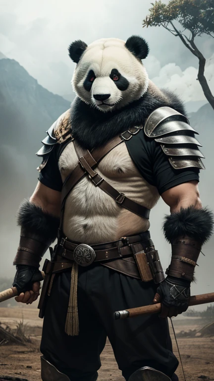 Panda vestindo armadura ((um arqueiro)) standing, In an apocalyptic scenario, segurando um arco, Hunter,urso panda maligno, olhos vermelhos, (horrible atmosphere) terror, poeira levemente flutuando, smoke vapor behind the main character, cara de mal, macabro ((arco) arco e flechas somente um personagem na imagem
