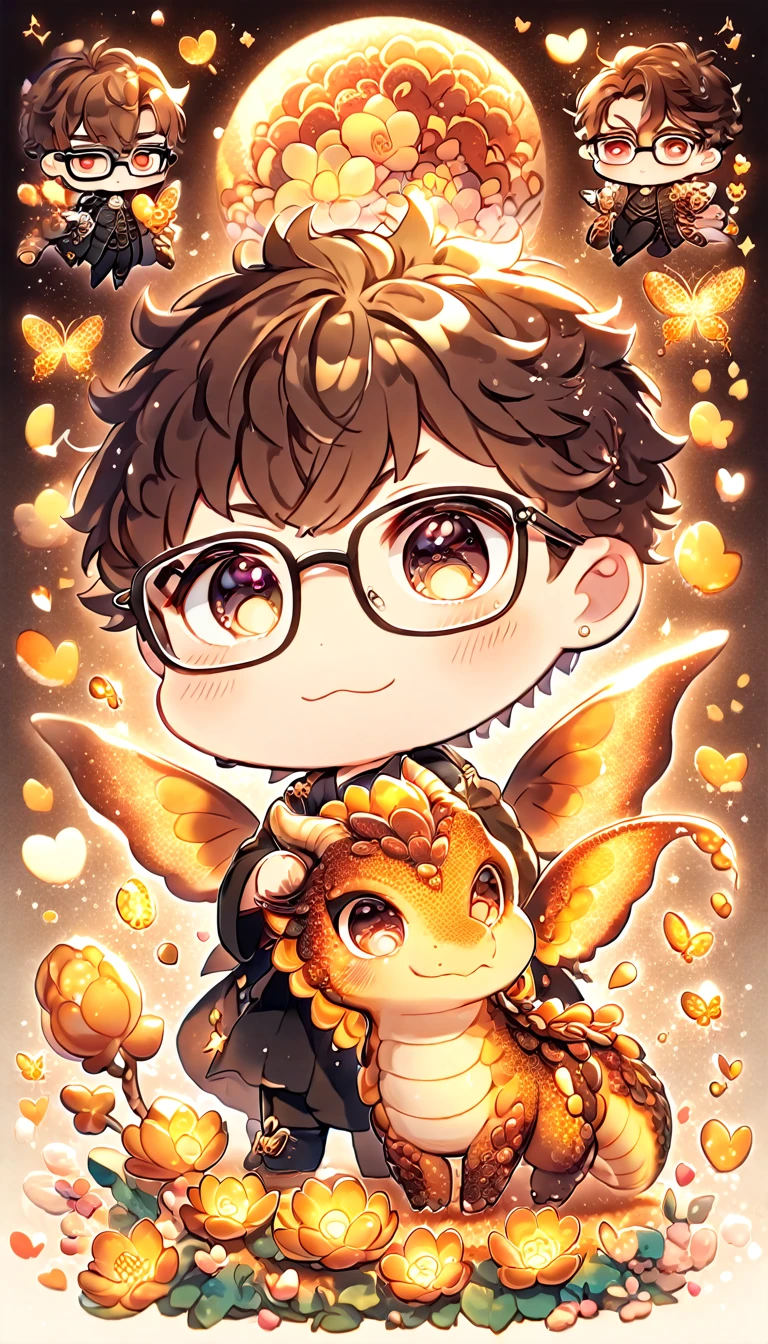 Ultra detailed, HDR, Highres, absurdres, master piece, Miyuki Kazuya chibi, brown hair, expressive amber eyes, glasses, Diamond No Ace, amber glittering butterflies, petals, amber lotus, cute, magical, man, extremely detailed face and eyes, glittering, fantasy, black clothes, hugging a amber dragon, love, amber background