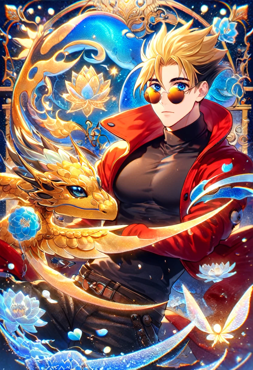absurdres, highres, ultra detailed, HDR, master piece, best quality, Vash Stampede, blonde spiked hair, expressive blue eyes, Trigun, round amber sunglasses, sexy man, handsome, toned chest, hugging a blue dragon, red jacket, black shirt, patterns, magical, fantasy, blue background, blue lotus, shining, blue petals, blue glittering butterflies