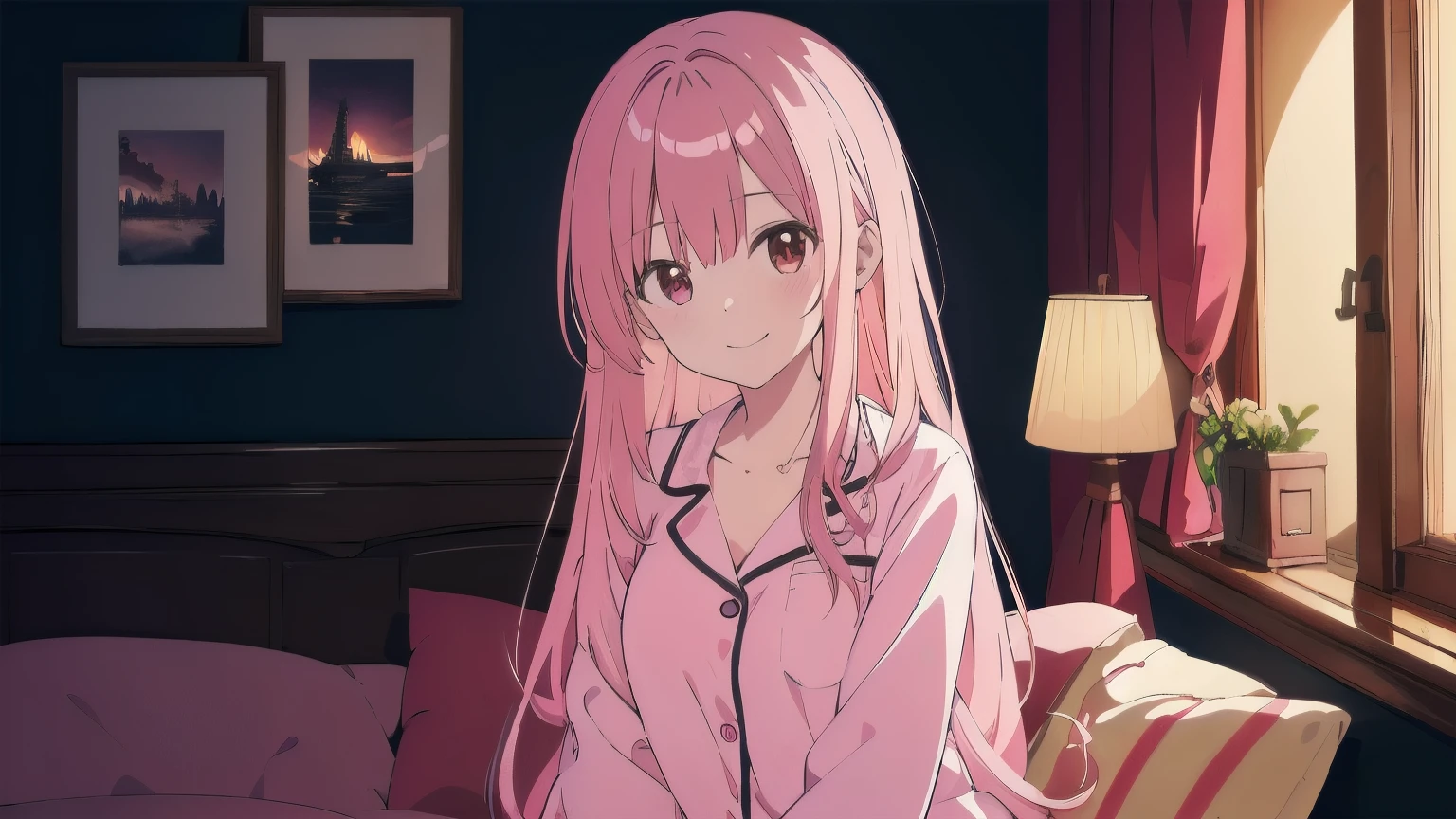 Very detailed, Detailed Background,　(highest quality, masterpiece, High resolution), One girl, smile,　 Mid-chest, Pink Hair,  Upper Body, pajamas,　long hair、　night、　Dimly lit room