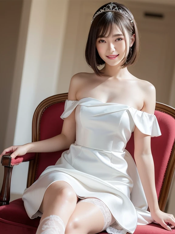 (Best quality: 1.5), (Realistic: 1.5), (1 person: 1.5), full body, Highly detailed, High resolution, 8k, Natural colored lips, Cute smile, Japanese woman, 20-year-old girl, beautiful and elegant features, perfect and beautiful face, large eyes with good balance between the left and right sides, brunette eyes, beautiful and elegant features, beautiful double eyelids, beautiful thin nose, beautiful skin, fair skin, (medium bob hair), (natural bangs), bob hair, perfect and beautiful face, slim face and figure, (looks at the camera with a sweet smile), Wearing a luxury bridal tiara, (wearing a white off-shoulder wedding dress), (sexy wedding dress), lace white gloves, bridal veil, (White color micro mini skirt dress), (stand with your legs apart:1.2), (skirtlift:1.2), Hold up the hem of your skirt with your hands, (Sexy Panties:1.2), Medium breasts, Beautiful standing posture, (Beautiful cleavage), There is a large beautiful stained glass window, Cathedral, (garter belt), (knee-length lace stockings with lace), large stained glass, Medieval Cathedral, pose Legs spread,
