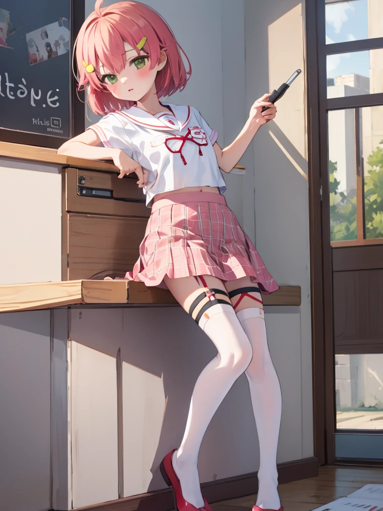 masterpiece, best quality, 1 girl, solo, MikoSchool, ahoge, short hair, hairclip, , white shirt, sailor collar, pink skirt, plaid, thighhighs, short sleeves, 10 years old, looking through legs, full body,