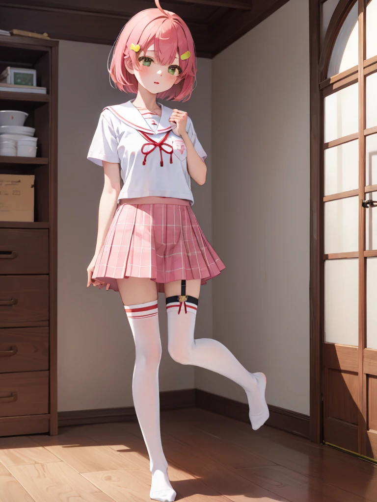 masterpiece, best quality, 1 girl, solo, MikoSchool, ahoge, short hair, hairclip, , white shirt, sailor collar, pink skirt, plaid, thighhighs, short sleeves, , looking through legs, full body,