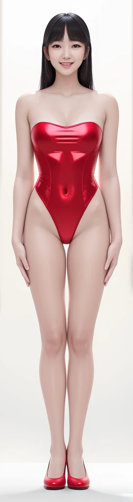 On a white background,A tall and beautiful Chinese girl,with fair skin,Toothy smile,A big smile,When you laugh, Your eyes are crescent-shaped,blunt bangs, long straight hair,Wear a one-piece swimsuit and pumps,Swimsuits are decorated with joyful patterns, Stand up straight,Stand upright,hands on sides,Symmetrical distribution,Ray tracing,All shaded areas,No windows, Soft lighting, Warm light, flood light, n, Studio light, 1.4x Realistic Ultra HD