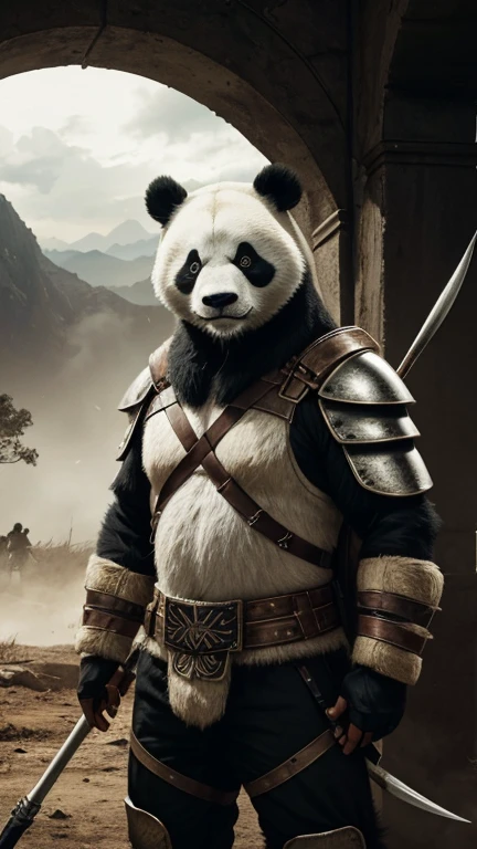 Panda vestindo armadura ((um arqueiro)) standing, In an apocalyptic scenario, segurando um arco, Hunter,urso panda maligno, olhos vermelhos, (horrible atmosphere) terror, poeira levemente flutuando, smoke vapor behind the main character, cara de mal, macabro ((arco) arco e flechas somente um personagem na imagem