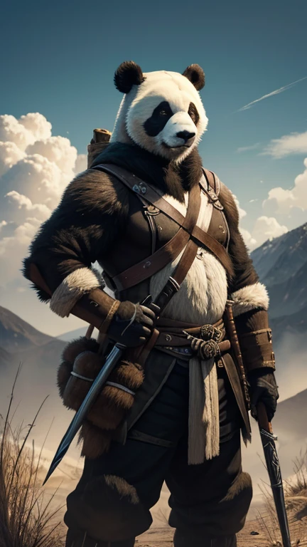Panda vestindo armadura ((um arqueiro)) standing, In an apocalyptic scenario, segurando um arco, Hunter,urso panda maligno, olhos vermelhos, (horrible atmosphere) terror, poeira levemente flutuando, smoke vapor behind the main character, cara de mal, macabro ((arco) arco e flechas somente um personagem na imagem 