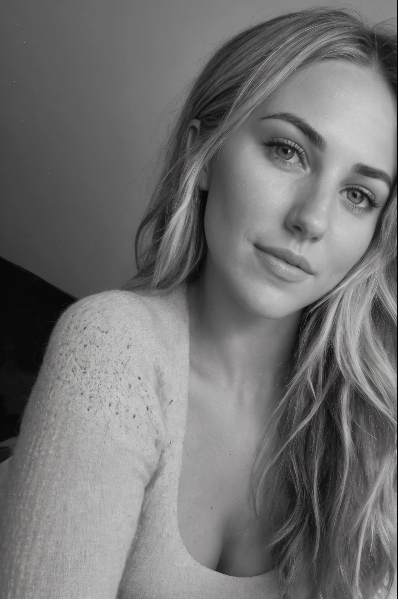 Selfie of a 25 year old girl, (Kaley Cuoco:0.8), (Camilla Belle:0.9), (eugenie bouchard), beautiful girl, black and white photography, hard contrast, hard shadows,smirk, cute makeup, shirt dress,