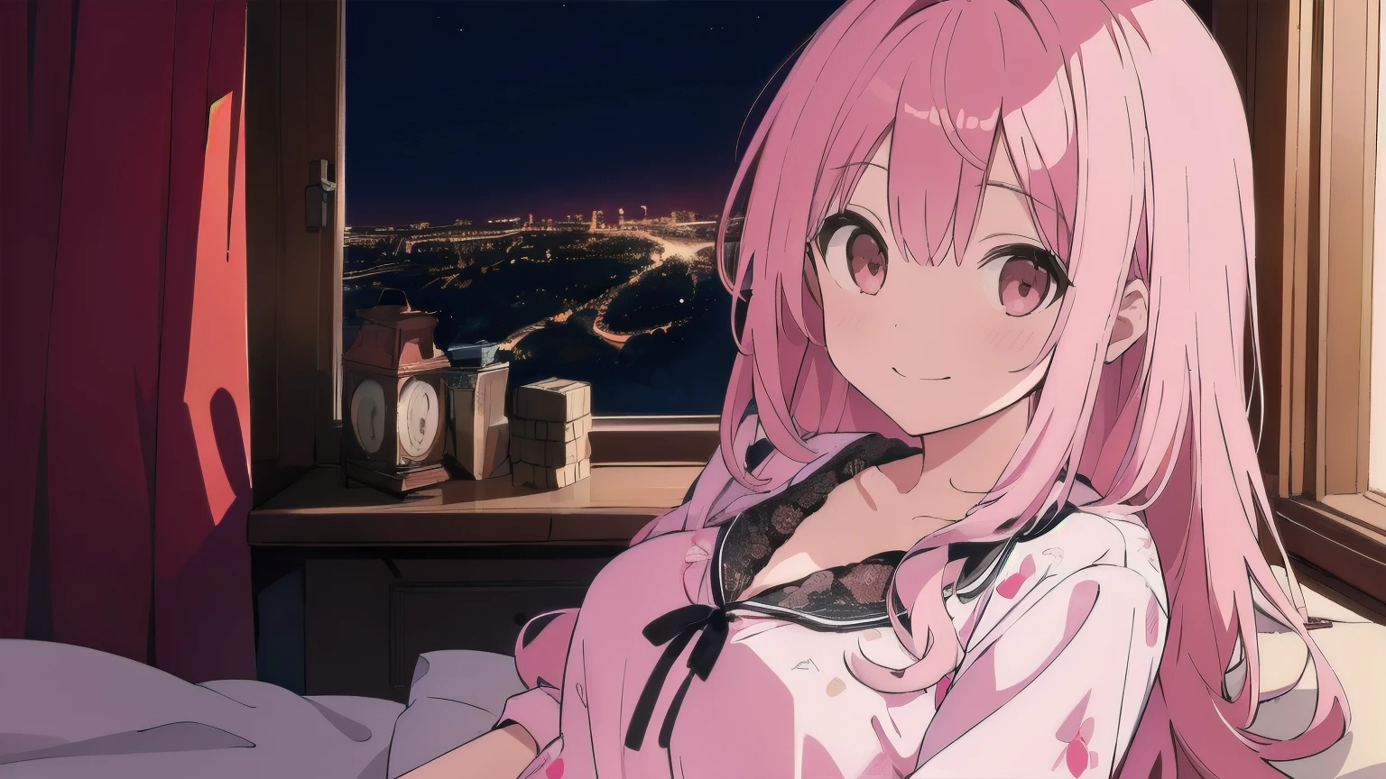 1girl, masterpiece, best quality, highres, (loli, toddler:1.2), pretty face, large breasts, cleavage, breasts slip, (eyelashes:1.3), dot nose, (sunset:1.5), backlighting, industrial city, window, pink hair, low twintails, wavy hair, hair ornament, looking at viewer, (red hoodie, hood:1.2), sitting on bed, (kind smile:1.2)|anguish, (open mouth:0.7), crotch seam, anime,