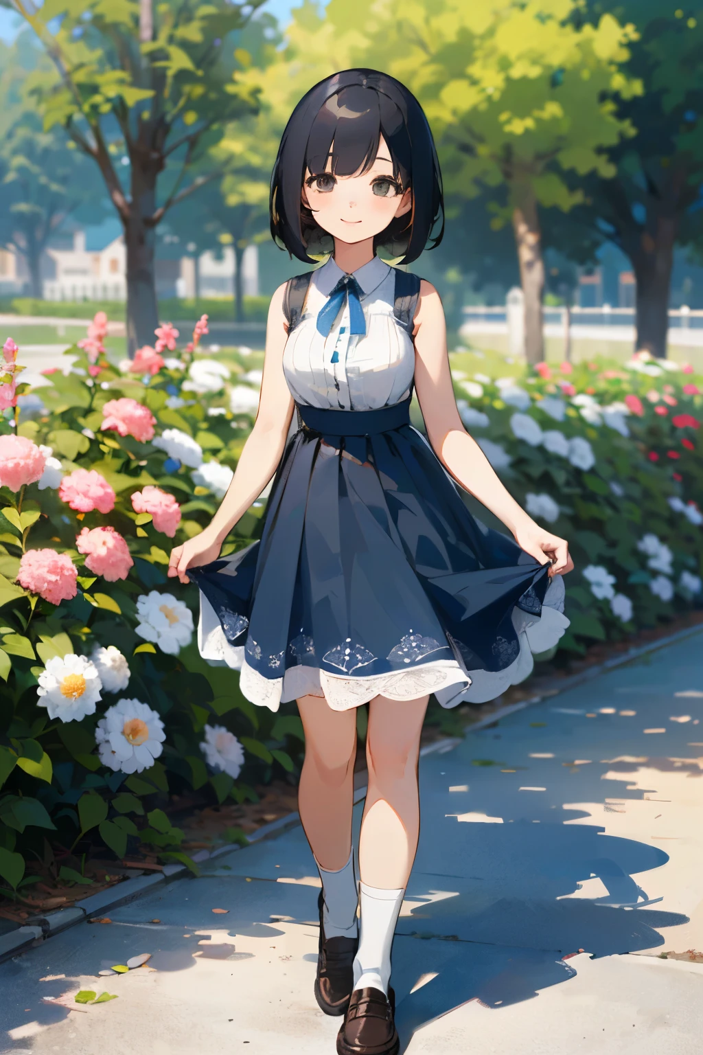 (high quality, High resolution, Very detailed, reality:1.37), Peaceful atmosphere, (Outdoor, garden), age girl standing alone, (my breasts are big.), Beautiful details, Cute Smile, (Black bob hair), Blue sleeveless dress, White socks, loafers.