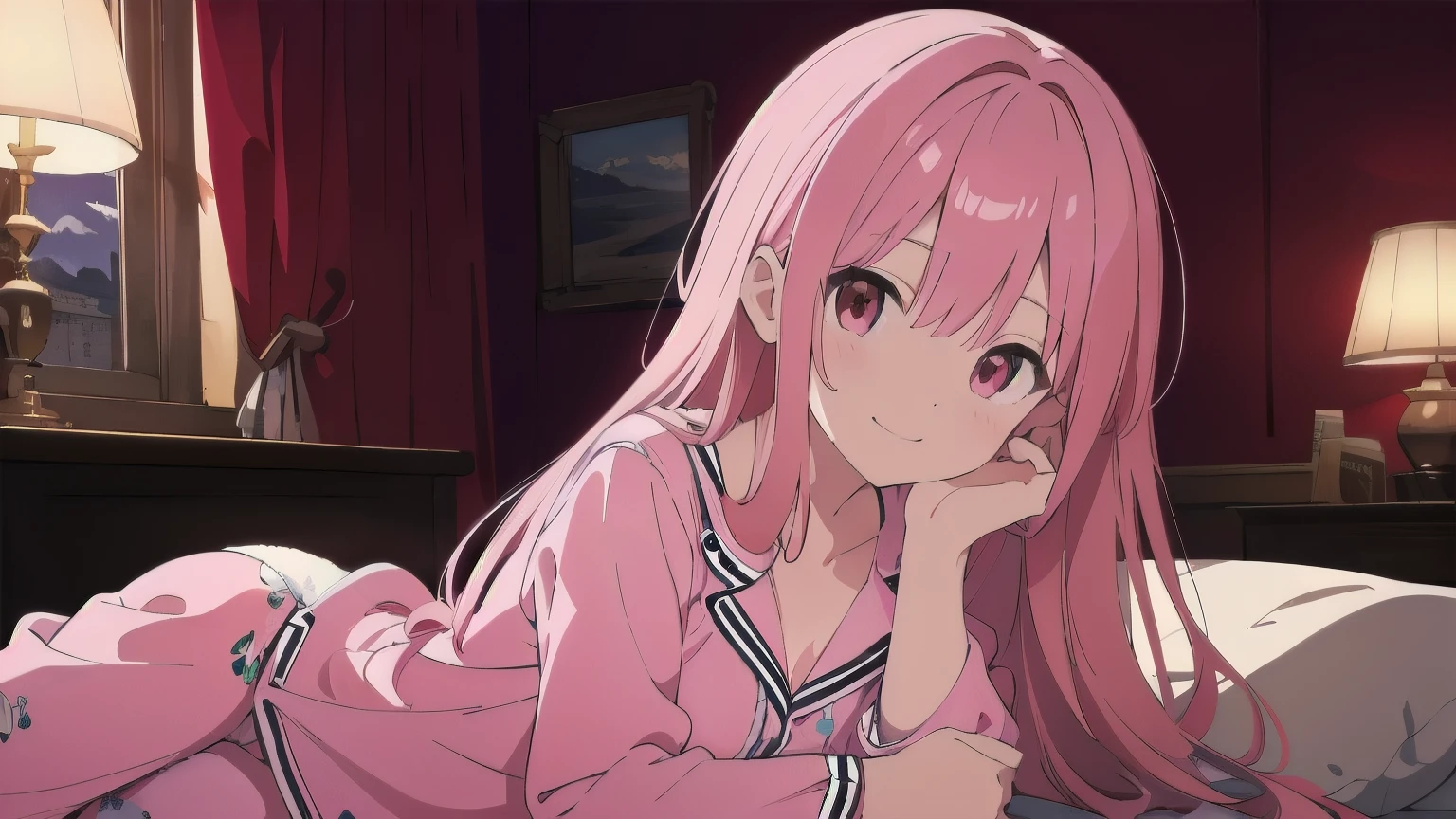 Very detailed, Detailed Background, (highest quality, masterpiece, High resolution), One girl, smile, Mid-chest, Pink Hair, Upper Body, pajamas, long hair、 night、 Dimly lit room
