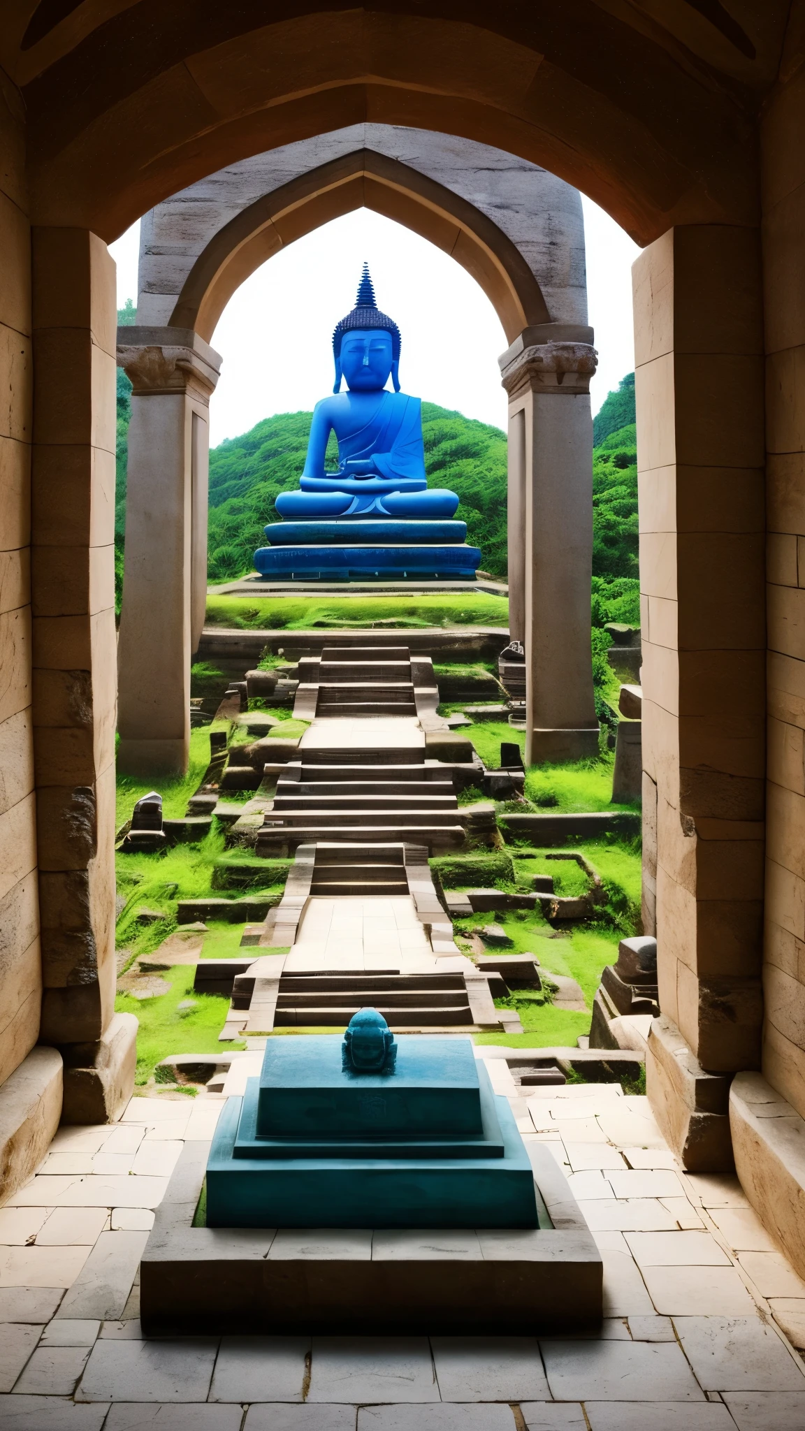 Under the clear blue sky、The stone Buddha burial mound is beautifully depicted in high definition.々I am standing there。The view from above、It offers a panoramic perspective of the historic monuments, surrounded by lush greenery and medieval architecture.。 In a realistic scene、With intricate carvings and weathered stone walls、The tomb appears untouched by time.、It is a reminder of the past civilizations that once flourished in this region.。The cerulean sky above、In contrast to the plain colours of the tomb、It captivates everyone who sees it。 There&#39;s no one in sight、