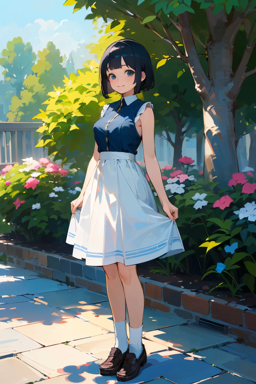 (high quality, High resolution, Very detailed, reality:1.37), Peaceful atmosphere, (Outdoor, garden), Teenage girl standing alone, (my breasts are big.), Beautiful details, Cute Smile, (Black bob hair), Blue sleeveless dress, White socks, loafers.