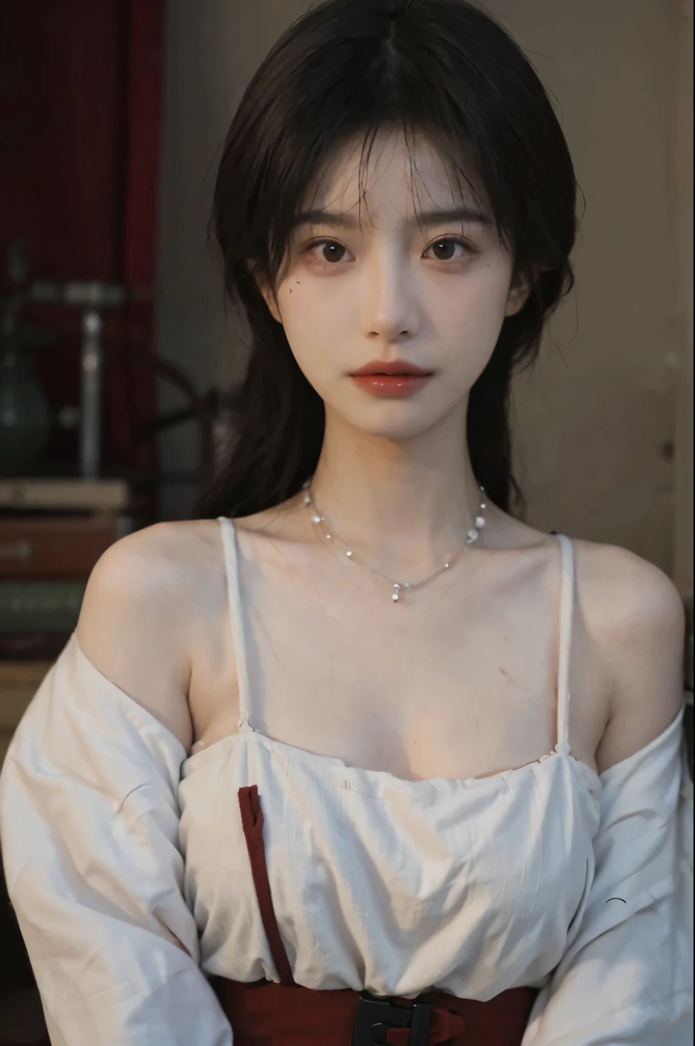 Film portrait photography, 2 girls, Bare shoulders,Lipstick,(flat chest:1.4), Wear a necklace,Cute expression,Exquisite makeup,Red suspenders,serene, calm, (Realistic and detailed eyes, Natural skin texture, Realistic facial details), Big breasts:1.6,Big Breasts,Soft dramatic lighting, Depth of Field, Bokeh, Vibrant details, Detailed and detailed, Surreal, 35mm film, hazy, ,
