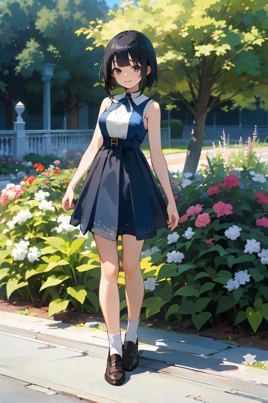 (high quality, High resolution, Very detailed, reality:1.37), Peaceful atmosphere, (Outdoor, garden),  girl standing alone, (my breasts are big.), Beautiful details, Cute Smile, (Black bob hair), Blue sleeveless dress, White socks, loafers.