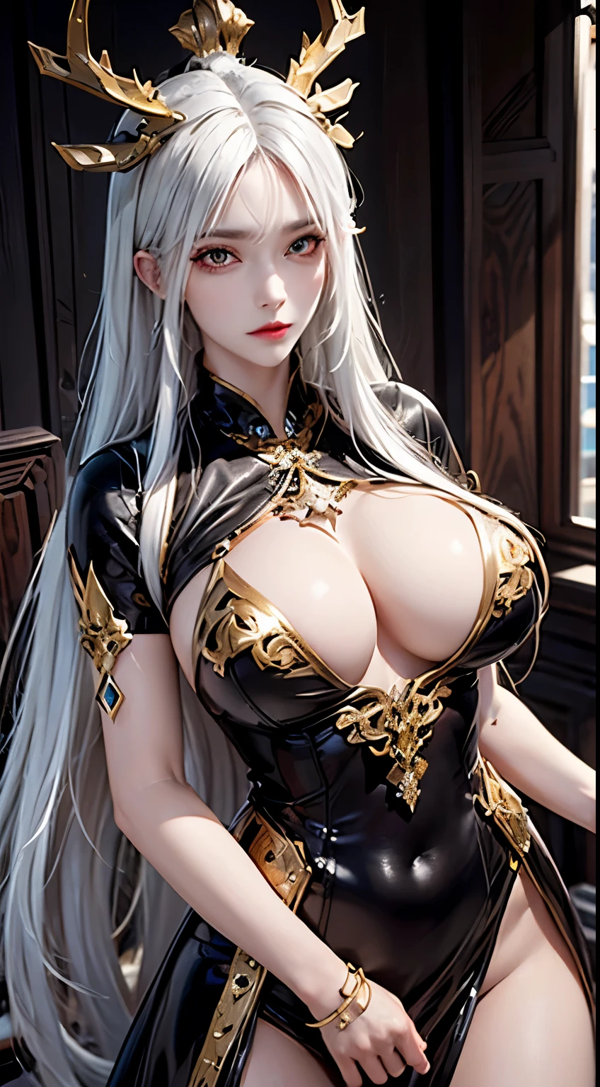High-definition fantasy portrait, A striking female character with long, straight white hair, wearing a black leather outfit with gold accents. She has a serious, seductive expression, and a gemstone embedded in her forehead ,Horns on her head, intricate gold details on the outfit , Wooden room with detailed textures, subtle lighting, and a cozy atmosphere