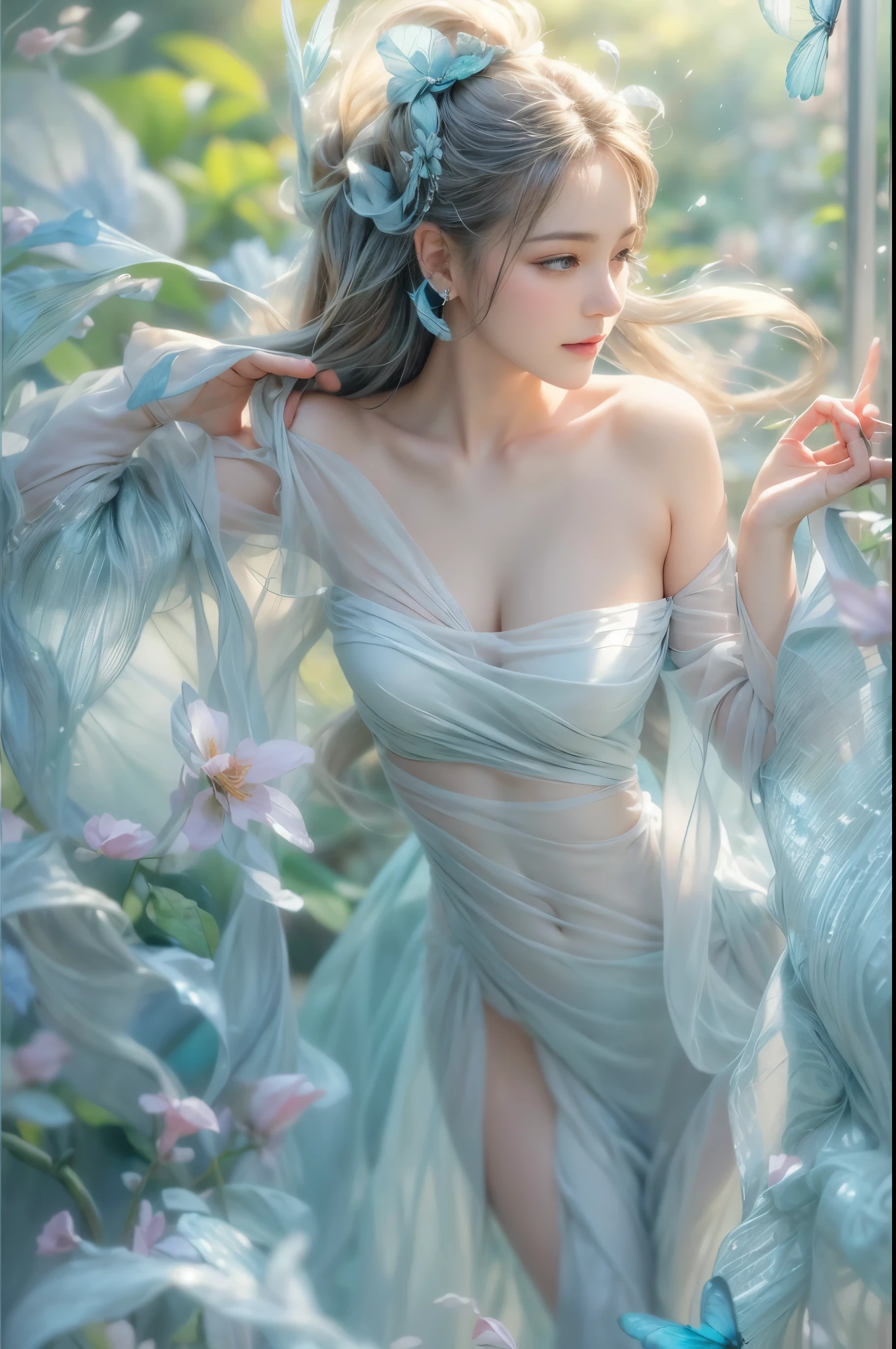 (woman wearing silver blue dress),(Stand gracefully),(with dynamism、Colorful garden front),(Shooting from front),(With double exposure effect),(Create an ethereal atmosphere),(Best quality,4K,8K,A high resolution,tmasterpiece:1.2),ultra - detailed,(actual,realistically,realisticlying:1.37),(oil painting or fine art:1.1),(beautidful eyes),(beautiful detailed lips),(Long eyelashes),(The soft, floated hair),(beautiful postures),(with a calm expression),(There are flowers all around),(Lush greenery),(butterflies flying),(Natural sunlight illuminates the scene),(evoke a feeling of tranquility and beauty),(Soft color palette),(Subtle and dreamy lighting)。