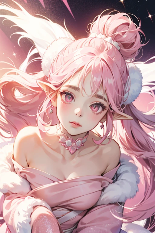 She has white fur, pale pink feet, round ears with pale pink linings, black oval eyes, and a pink nose and mouth. She wears a pink bow on top of her head. SPARKLE; GLITTER