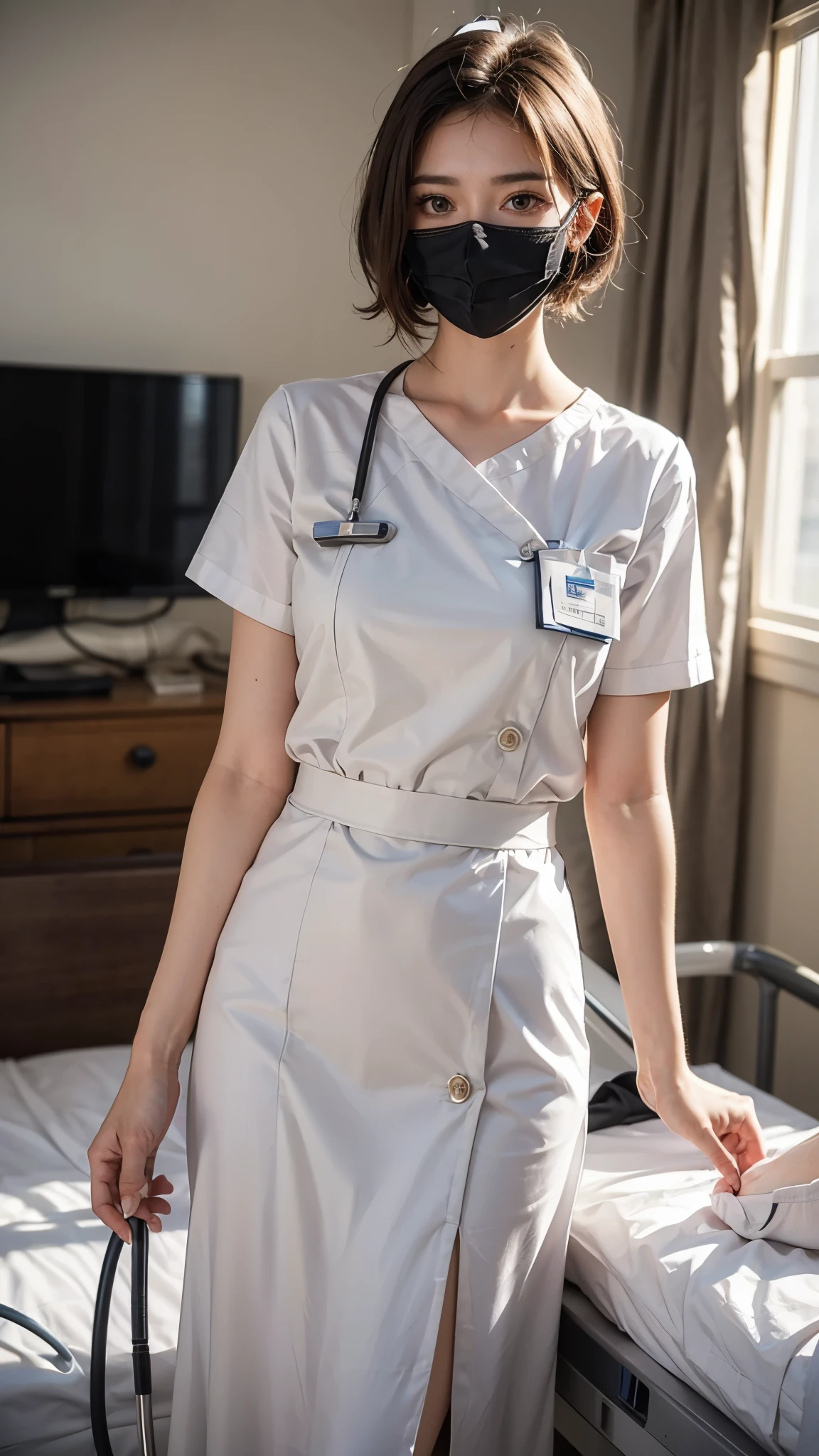 1 girl,(Wearing white nurse clothes:1.2),(RAW Photos, highest quality), (Realistic, photo-Realistic:1.4), masterpiece, Very delicate and beautiful, Very detailed, 2k wallpaper, wonderful, finely, Very detailed CG unity 8k wallpaper, Very detailed, High resolution, Soft Light, Beautiful detailed girl, Very detailed eyes and face, Beautiful and detailed nose, finely beautiful eyes, nurse, Perfect Anatomy, Black Hair, Upstyle, nurse uniform, ((mask)), Long skirt, nurse, White costume, thin, hospital, clear, White Uniform, hospital room, Neck auscultation,Bobcut