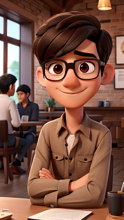 A round face man with short black hair wearing glasses, long sleeves shirt and brown cargo pants sitting at a cafe, working on a laptop