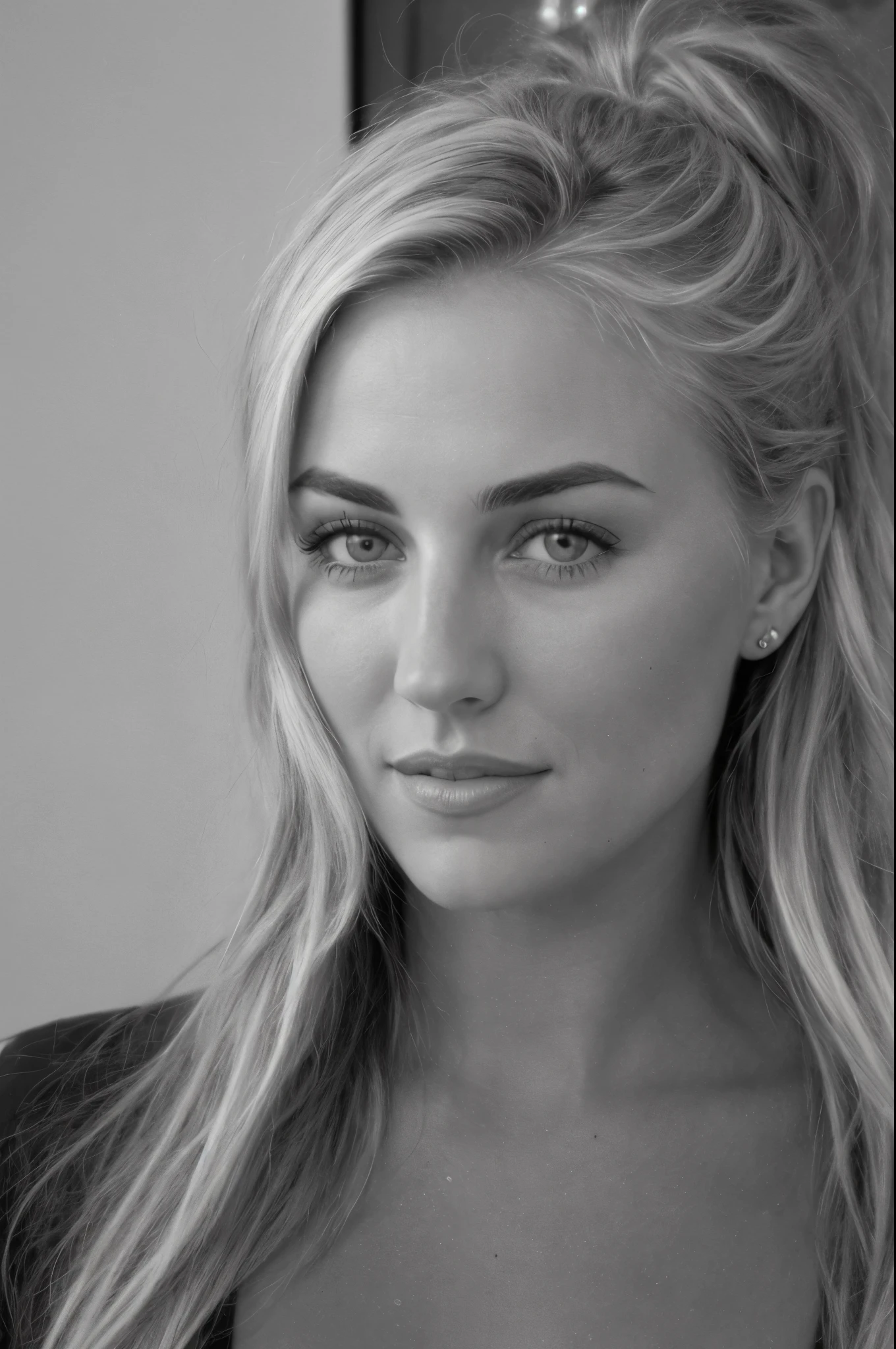 Selfie of a 25 year old girl, (Kaley Cuoco:0.8), (Camilla Belle:0.9), (eugenie bouchard), beautiful girl, black and white photography, hard contrast, hard shadows,smirk, cute makeup, shirt dress,