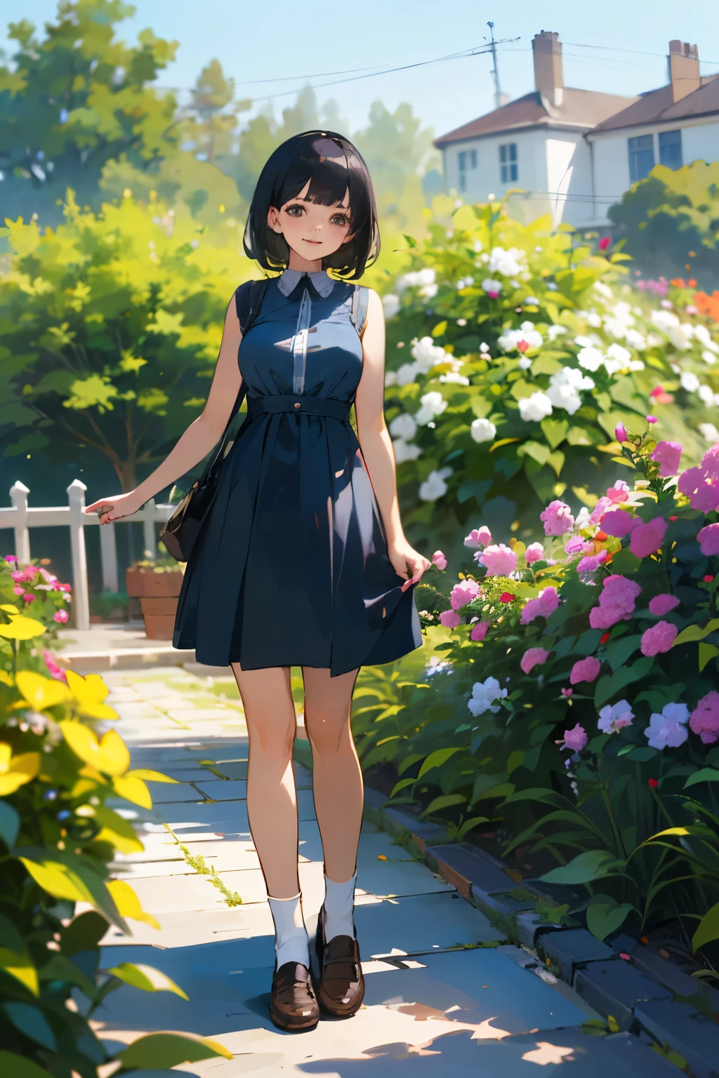 (high quality, High resolution, Very detailed, reality:1.37), Peaceful atmosphere, (Outdoor, garden), Teenage girl standing alone, (my breasts are big.), Beautiful details, Cute Smile, (Black bob hair), Blue sleeveless dress, White socks, loafers.