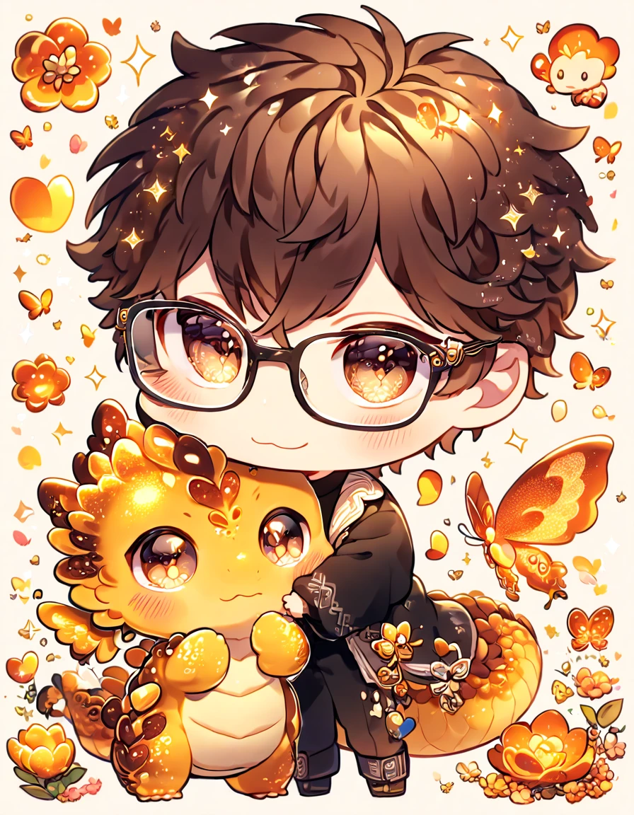 Ultra detailed, HDR, Highres, absurdres, master piece, Miyuki Kazuya chibi, brown hair, expressive amber eyes, glasses, Diamond No Ace, amber glittering butterflies, petals, amber lotus, cute, magical, man, extremely detailed face and eyes, glittering, fantasy, black clothes, hugging a amber dragon, love, amber background