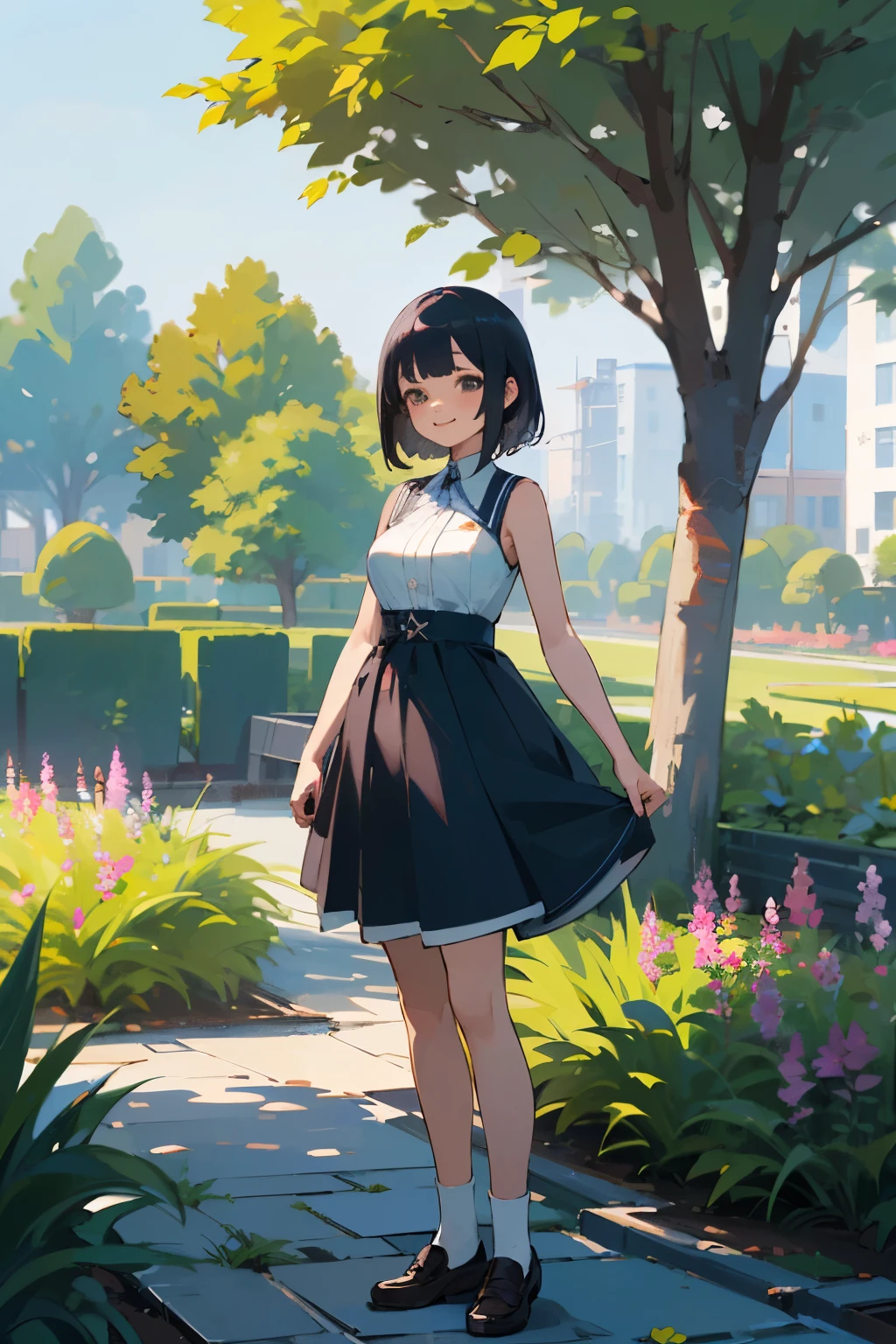 (high quality, High resolution, Very detailed, reality:1.37), Peaceful atmosphere, (Outdoor, garden), Teenage girl standing alone, (my breasts are big.), Beautiful details, Cute Smile, (Black bob hair), Blue sleeveless dress, White socks, loafers.