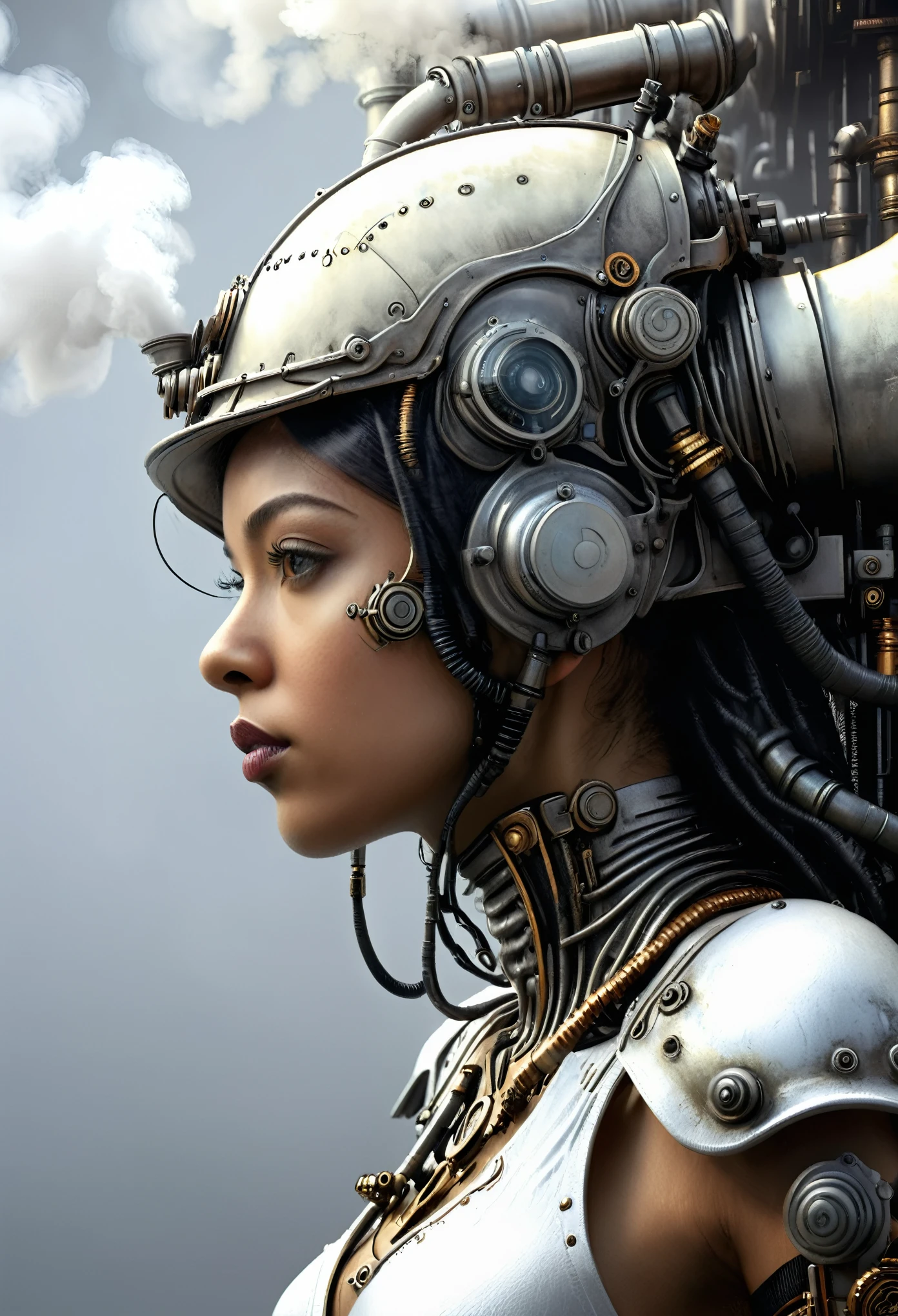 ohwx woman, a steam punk cyborg, side view, white background, unreal engine, inspired by HR Giger, half body portrait, highly detailed, photo realistic, cinematic, movie still, captured in the style of Sony Alpha A7 III camera