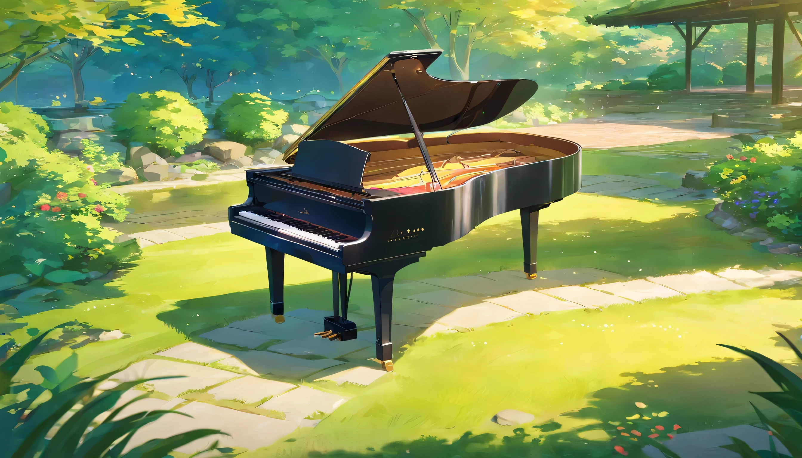 A grand piano is placed in the middle of a Japanese garden with grassy paths.,quiet、The small stream sparkles