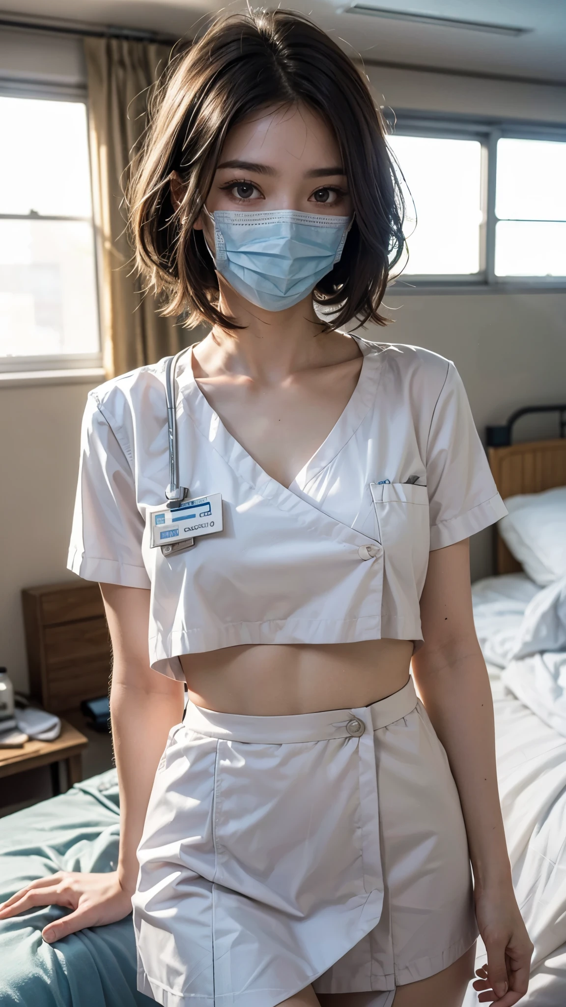 1 girl,(Wearing white nurse clothes:1.2),(RAW Photos, highest quality), (Realistic, photo-Realistic:1.4), masterpiece, Very delicate and beautiful, Very detailed, 2k wallpaper, wonderful, finely, Very detailed CG unity 8k wallpaper, Very detailed, High resolution, Soft Light, Beautiful detailed girl, Very detailed eyes and face, Beautiful and detailed nose, finely beautiful eyes, nurse, Perfect Anatomy, Black Hair, Upstyle, nurse uniform, ((mask)), mini skirt, nurse, White costume, thin, hospital, clear, White Uniform, hospital room, Neck auscultation,Bobcut