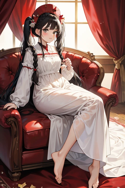 wears a huge strawberry as a hat, a long-sleeve white gown, and bare feet. Her long, black braided pigtails are tied with red bows. SPARKLE; GLITTER