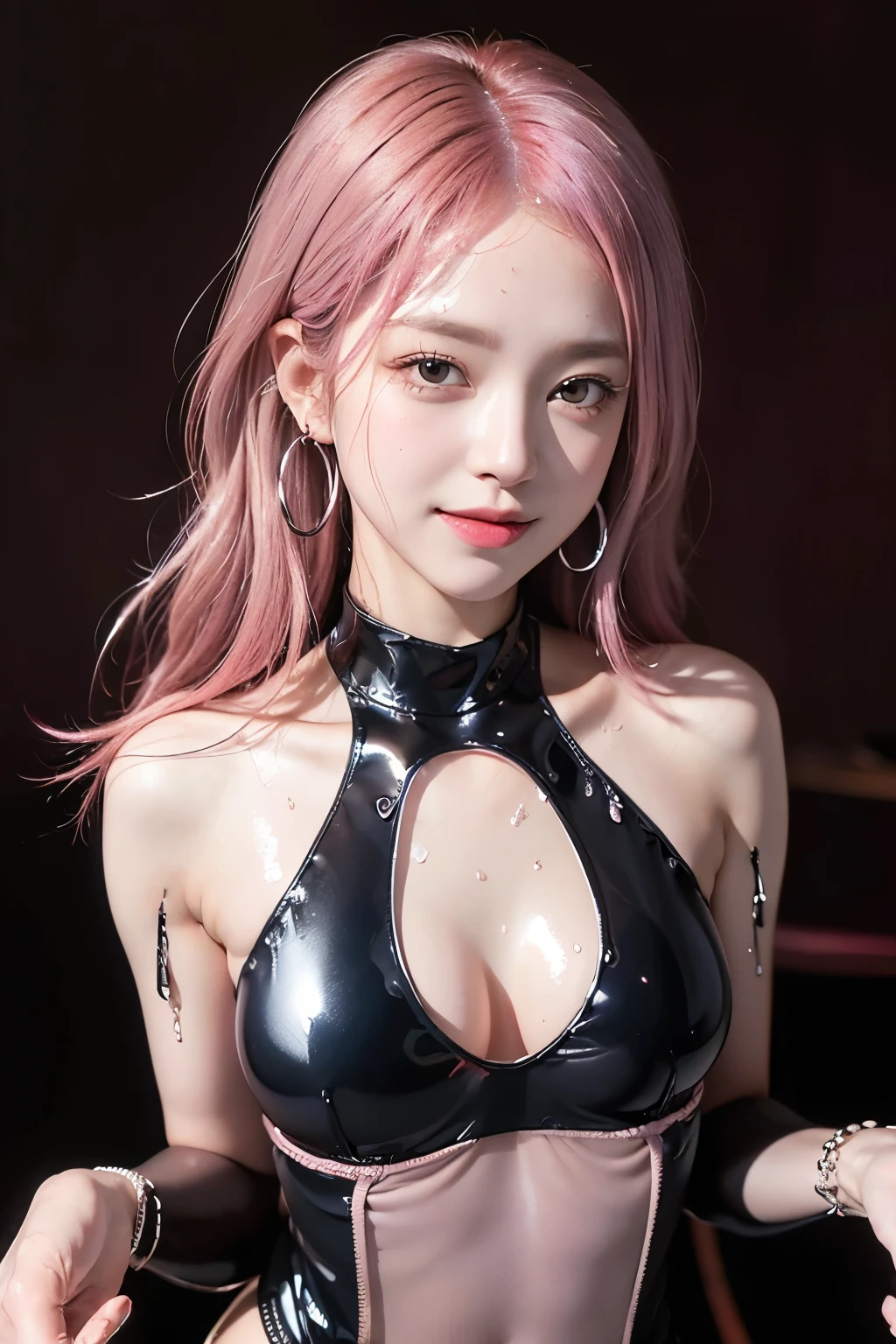 (8K, top-quality, masterpiece:1,2), (reallistic, Photorealsitic:1.37), Super Detail, One girl,), (Highly detailed), (beautifully detailed eyes), (of the highest quality), (super detailed ), (masterpiece), (Detailed face),20yr old, ,1 girl, ((pink hair,long hair)), medium breasts, clothed, Perfect Lighting, BREAK, (cut-out glossy bodysuit:1.5), (midnight red:1.3), (satin:1.2), (shiny:1.3), (white lines:1.2), (shoulder cut-outs:1.2), (chest cut-outs:1.2), (tight-fitting:1.2), (silver chain necklace:1.2), (silver hoop earrings:1.2), (blue suede pumps:1.2), BRAKE, (high quality:1.5), (upper body and thighs:1.3), (long wavy pink hair:1.3), (mysterious smile:1.2), (downcast eyes:1.2), (looking at viewer:1.2), (dancing:1.2), (cutouts visible:1.2), (burgundy background:1.2), (dramatic lighting:1.2), BRAKE (sweat:1.5),