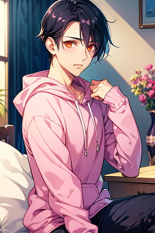 Sparkling Fantasy masterpiece highest quality One Boy Black Hair Pink hoodie anime Orange Eyes
