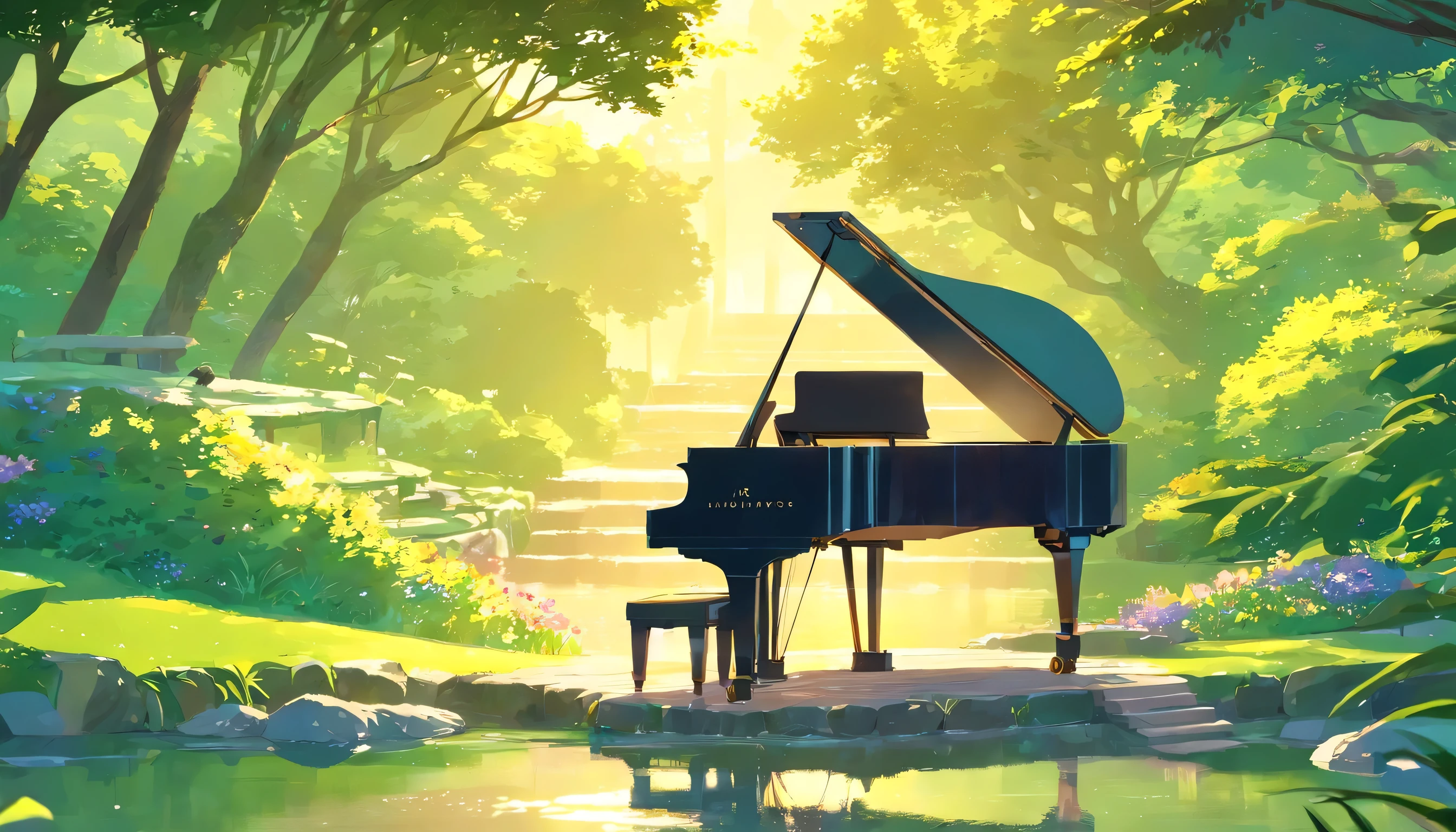 A grand piano is placed in the middle of a Japanese garden with grassy paths.,quiet、The small stream sparkles