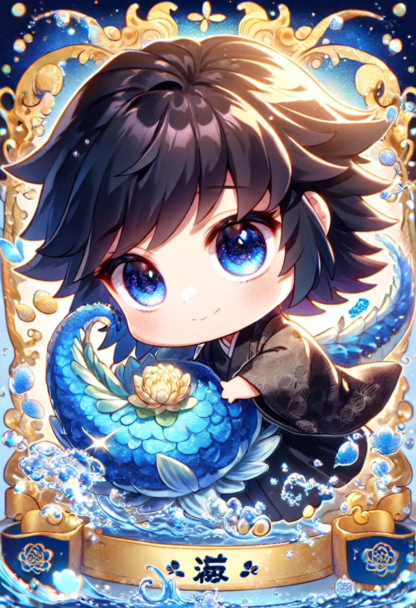 absurdres, highres, ultra detailed, HDR, master piece, best quality, Tomioka Giyu chibi, untamed black hair, expressive blue eyes, kimetsu no yaiba, cute, hugging a blue dragon, white haori, black kimono, patterns, magical, fantasy, blue background, blue lotus, shining, blue petals, blue glittering butterflies, water