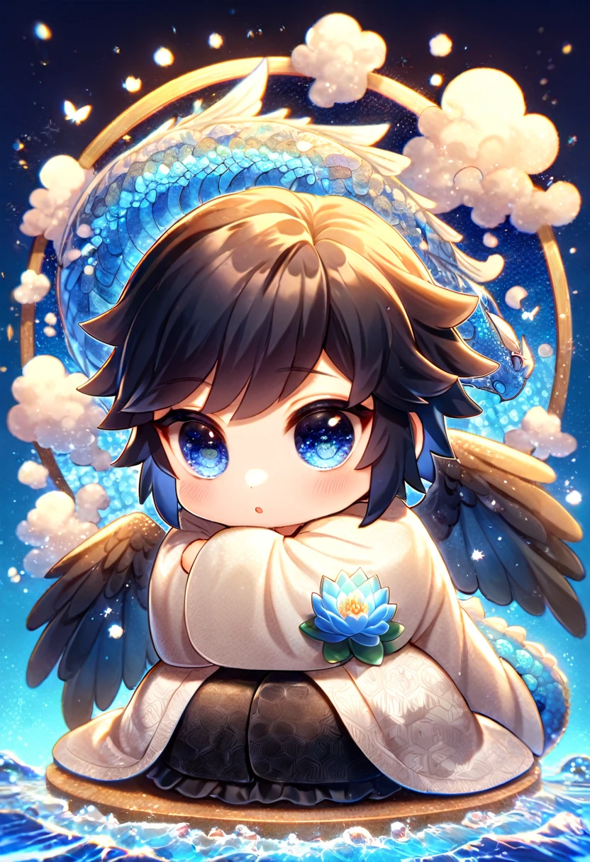 absurdres, highres, ultra detailed, HDR, master piece, best quality, Tomioka Giyu chibi, untamed black hair, expressive blue eyes, kimetsu no yaiba, cute, hugging a blue dragon, white haori, black kimono, patterns, magical, fantasy, blue background, blue lotus, shining, blue petals, blue glittering butterflies, water