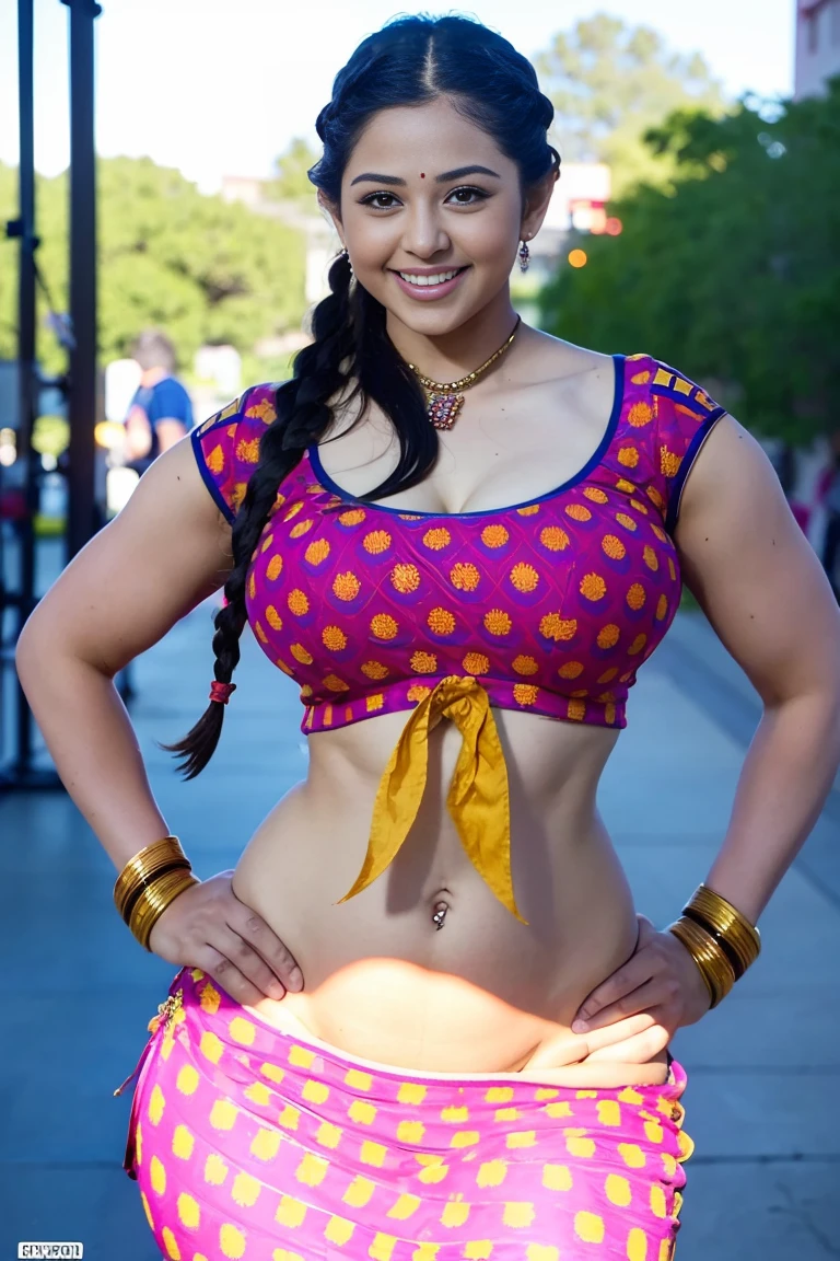 HD wallpaper 32k cinematic shoot of a Beautiful cute muscular girl, with thick thighs and a curvy waist, twin braids, wearing an Indian blouse top, horny, seductively, in a school corridor, dotted blouse top, smiling, ((long curvy waist)), ((lowwaist)), ((curvy waist)), ((muscular body)), ((gym body)), ((big Body))