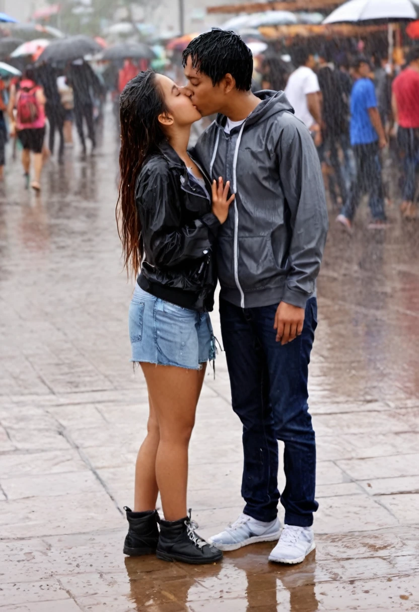 18-year-old Mexican girl, thin complexion with a somewhat large bust, a medium and firm butt, wearing wet casual clothes in a plaza in Mexico with the rain, having a kiss with a white-skinned boy, with a little belly of ************ 1.72m de alto  con el pelo negro corto con una sudadera mojada con perspectiva de una selfie